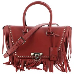 Valentino Demilune Flap Satchel Studded Fringe Leather Small