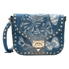 Valentino Denim Embroidered Butterfly Cross Body Bag