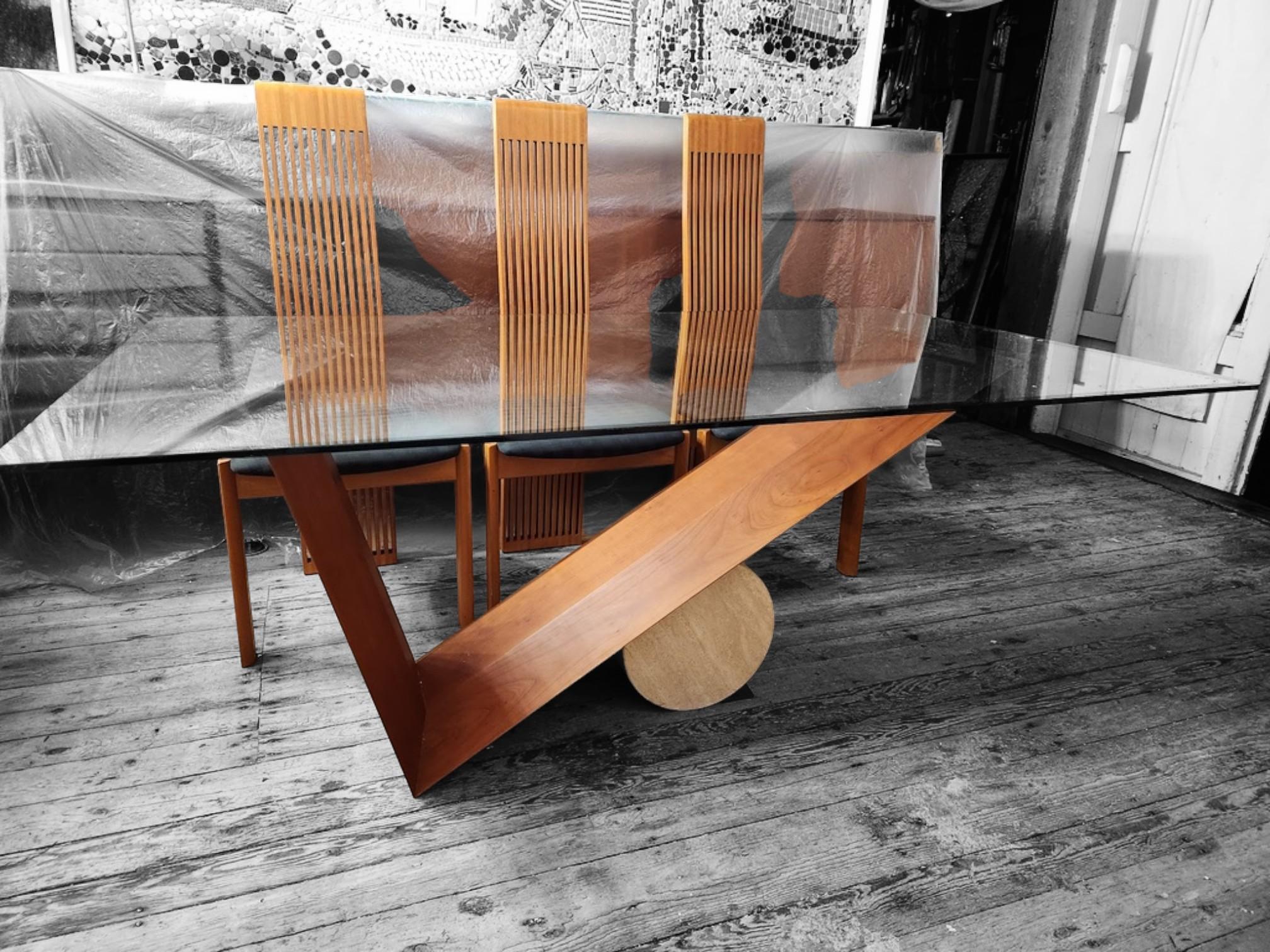 Valentino Dining Table Cattelan Italia Travertine Canaletto Walnut Glass 1991 In Good Condition For Sale In Camden, ME