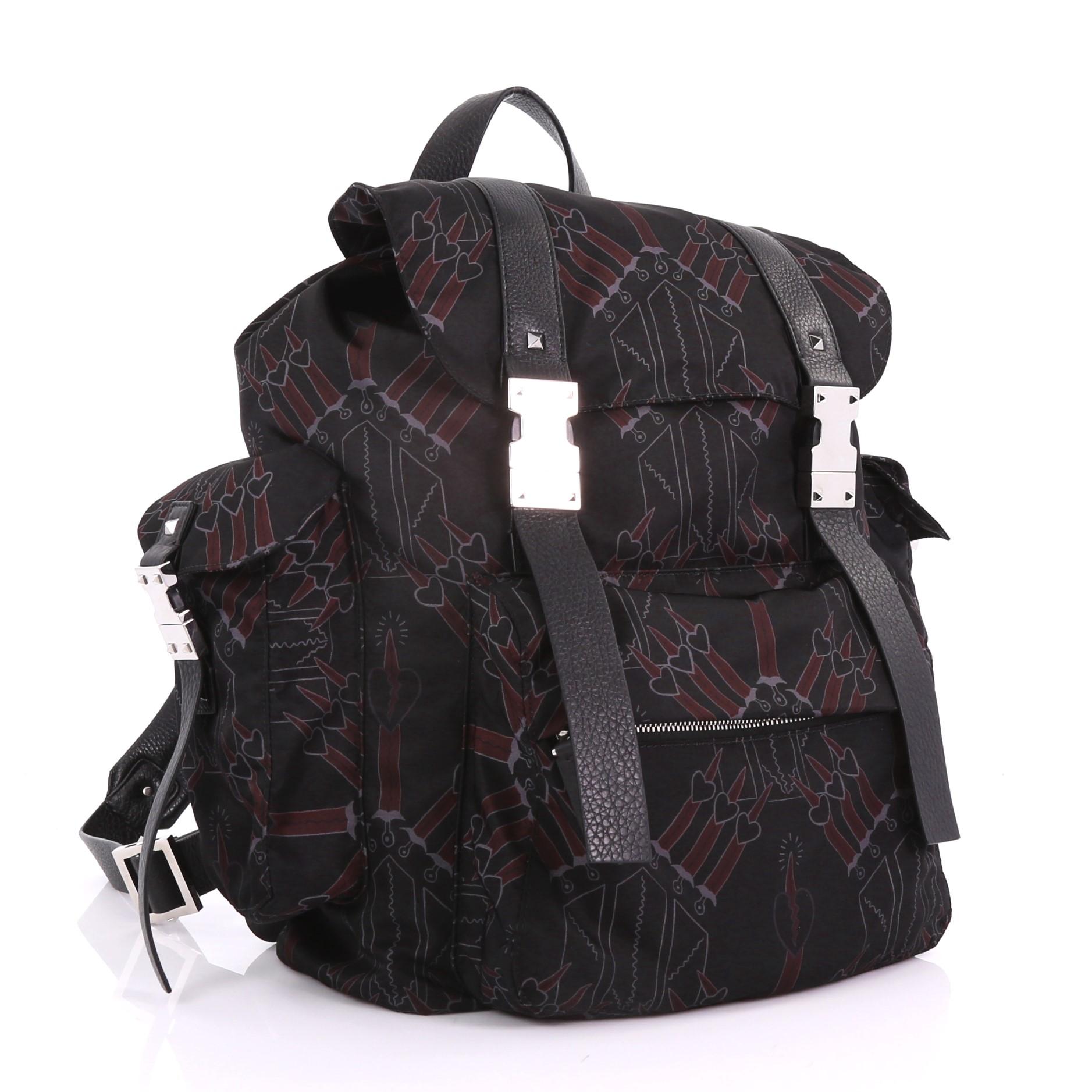 Black Valentino Double Buckle Backpack Love Blade Printed Nylon Large