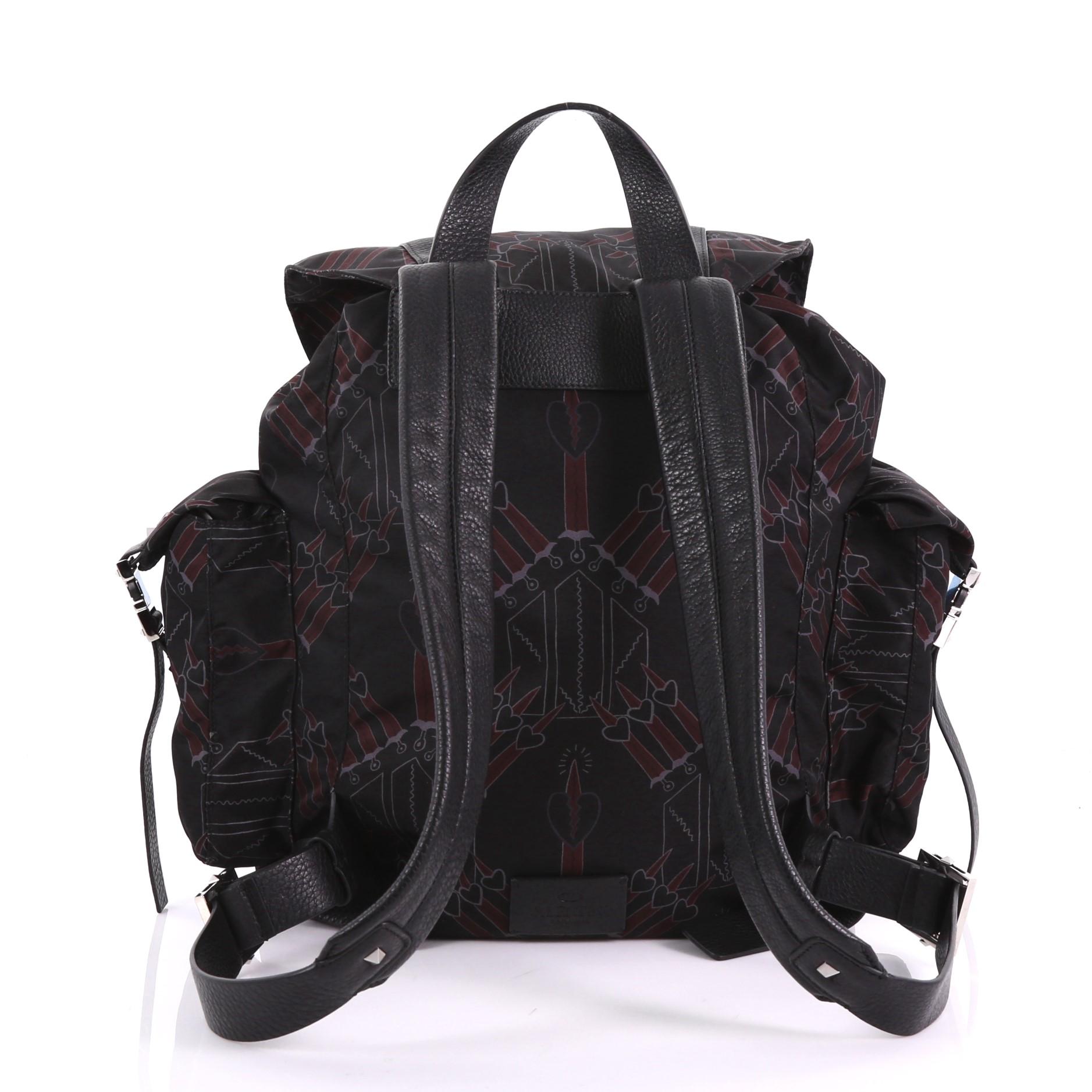 Valentino Double Buckle Backpack Love Blade Printed Nylon Large In Good Condition In NY, NY