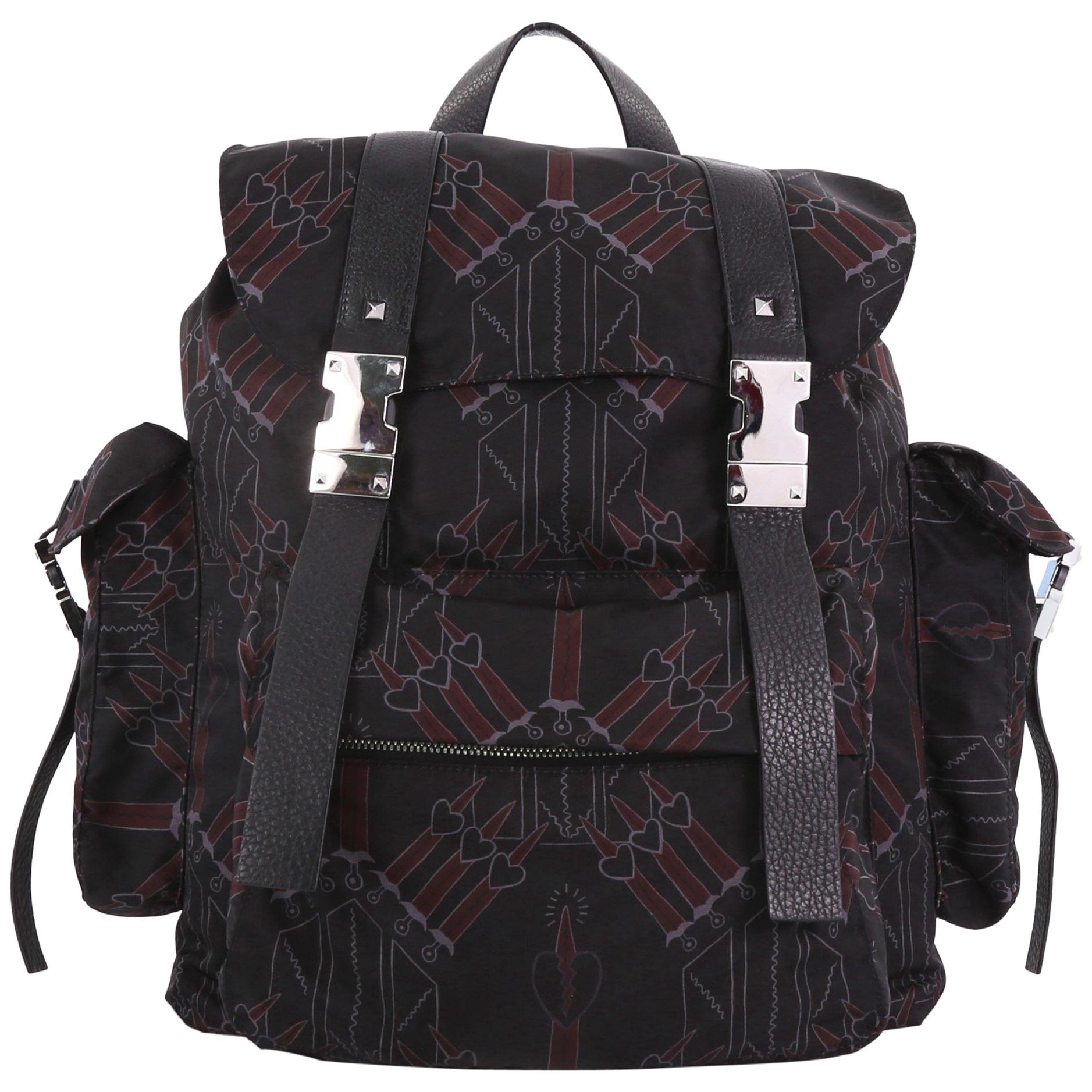 Valentino Double Buckle Backpack Love Blade Printed Nylon Large