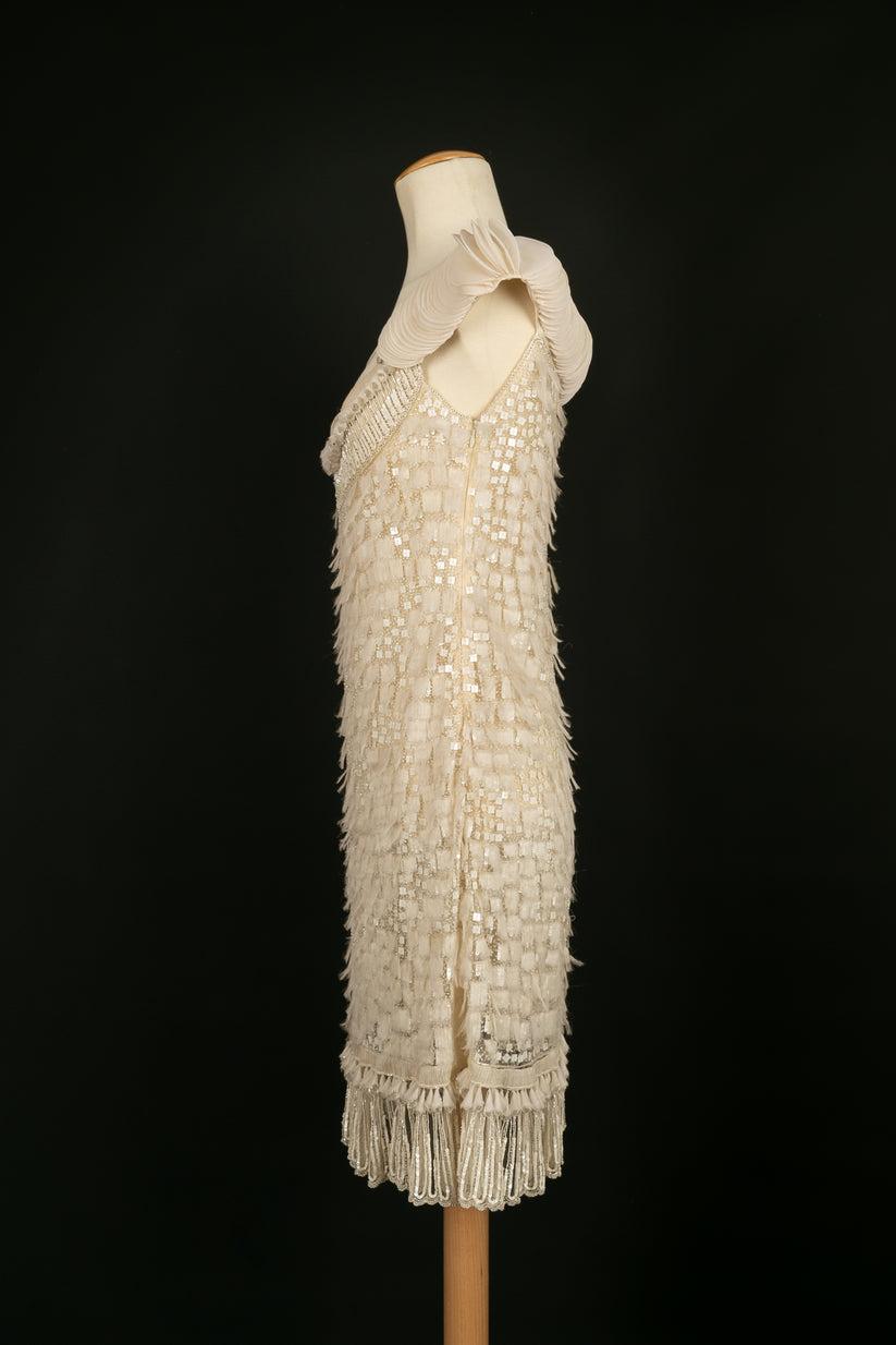 Valentino Dress in Raw Silk Fully Embroidered with Beads and Sequins In Excellent Condition In SAINT-OUEN-SUR-SEINE, FR