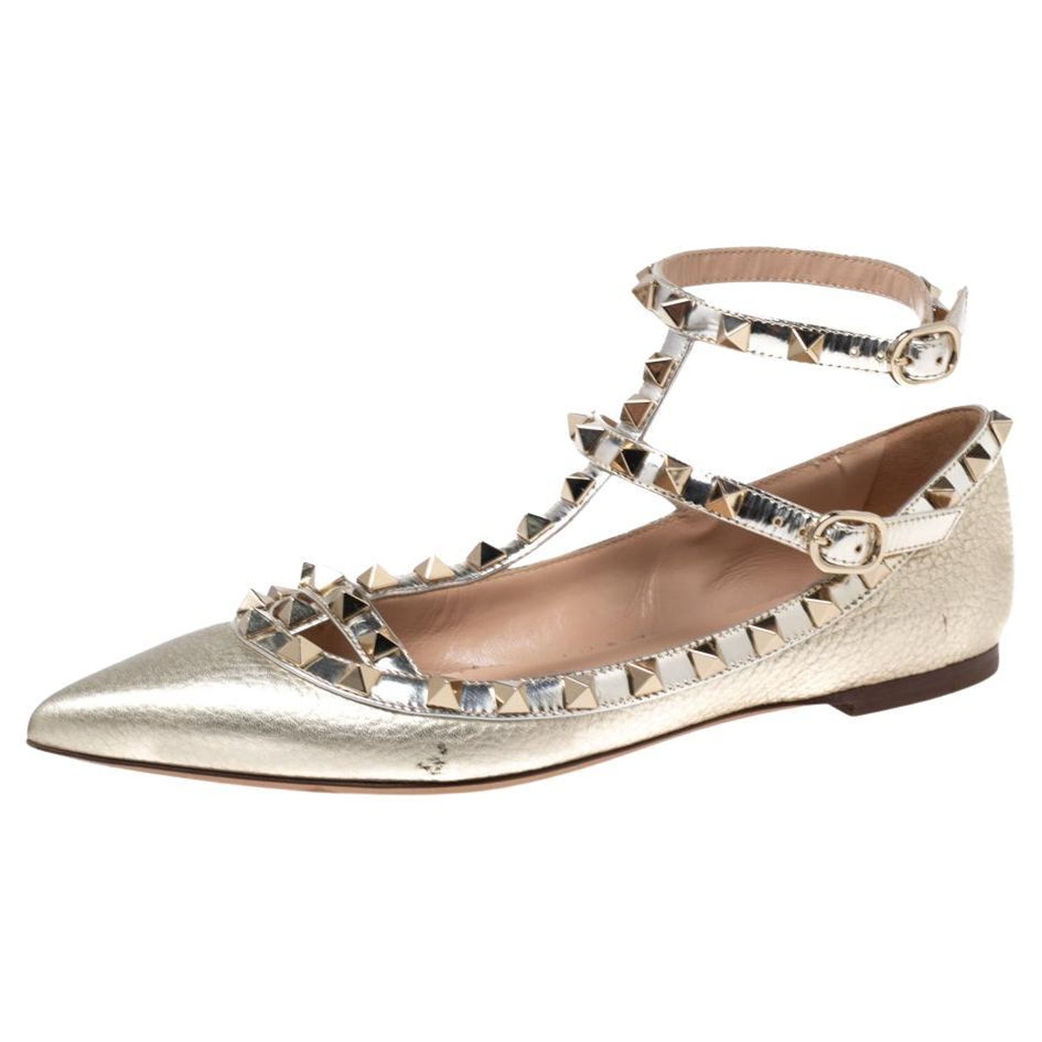 Valentino Dull Gold Leather Rockstud Ankle Strap Ballet Flats Size 36 For  Sale at 1stDibs