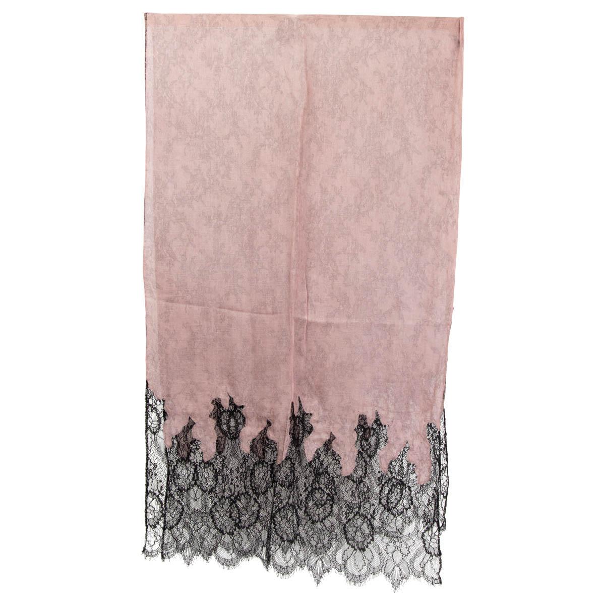 100% authentic Valentino lace printed shawl in dusty rose modal (85%) and silk (15%) with black lace trim in viscose (57%) and polyamide (43%). Has been worn and is in excellent condition. 

Measurements
Width	68cm (26.5in)
Length	230cm