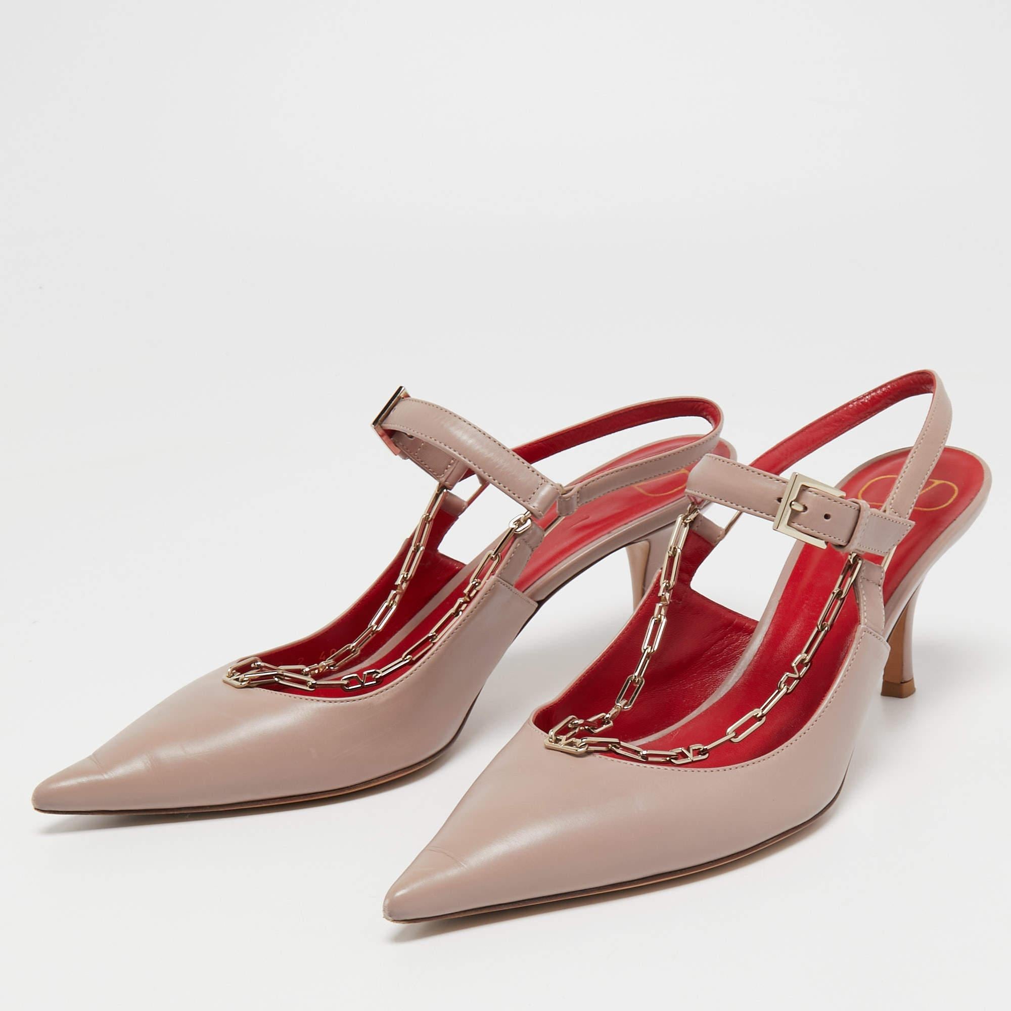 Valentino Dusty Pink Leather Chain Link Slingback Pumps Size 40 In Good Condition In Dubai, Al Qouz 2