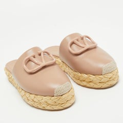 Valentino Dusty Pink Leather Escape V logo Espadrille Platform Mules Size 37
