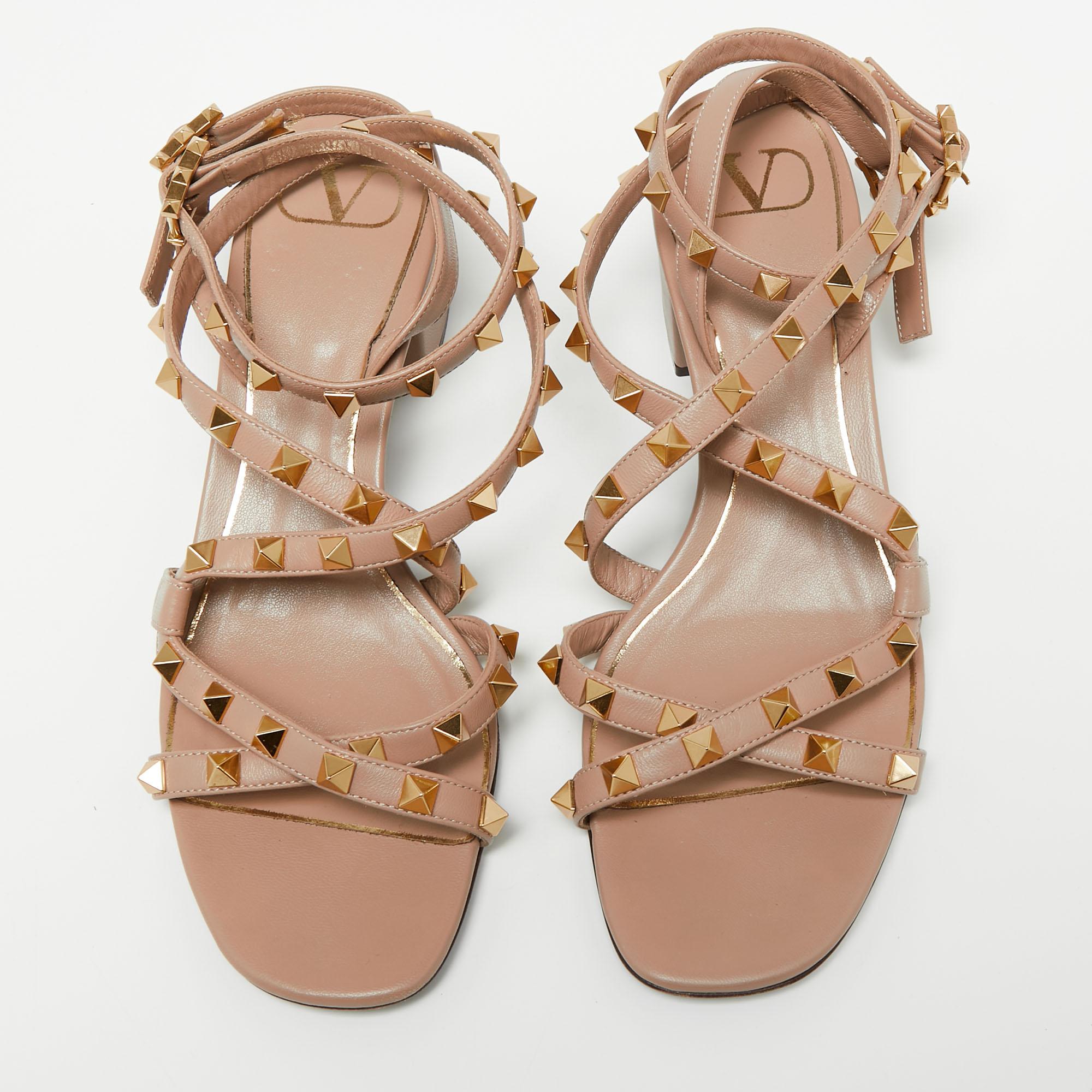 Brown Valentino Dusty Pink Leather Rockstud Ankle-Strap Block Heel Sandals Size 38