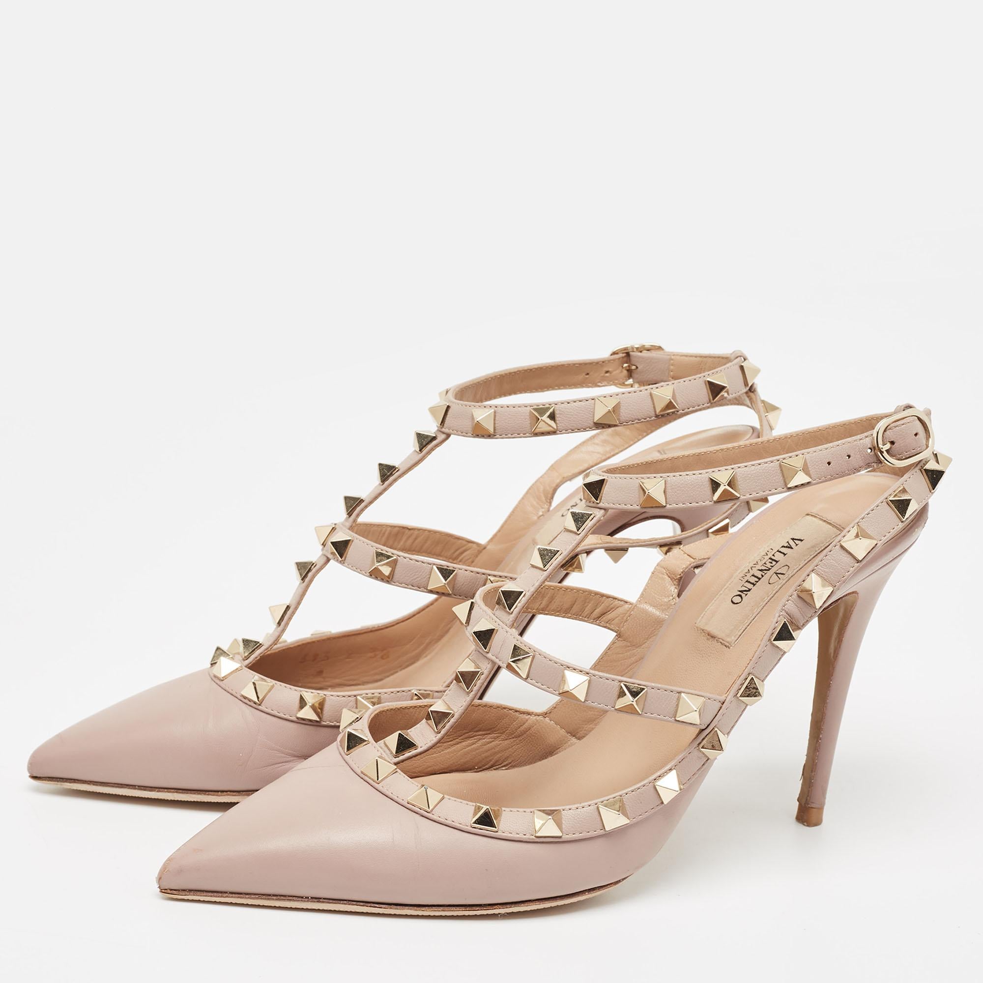 Valentino Dusty Pink Leather Rockstud Ankle Strap Pumps Size 38 For Sale 4