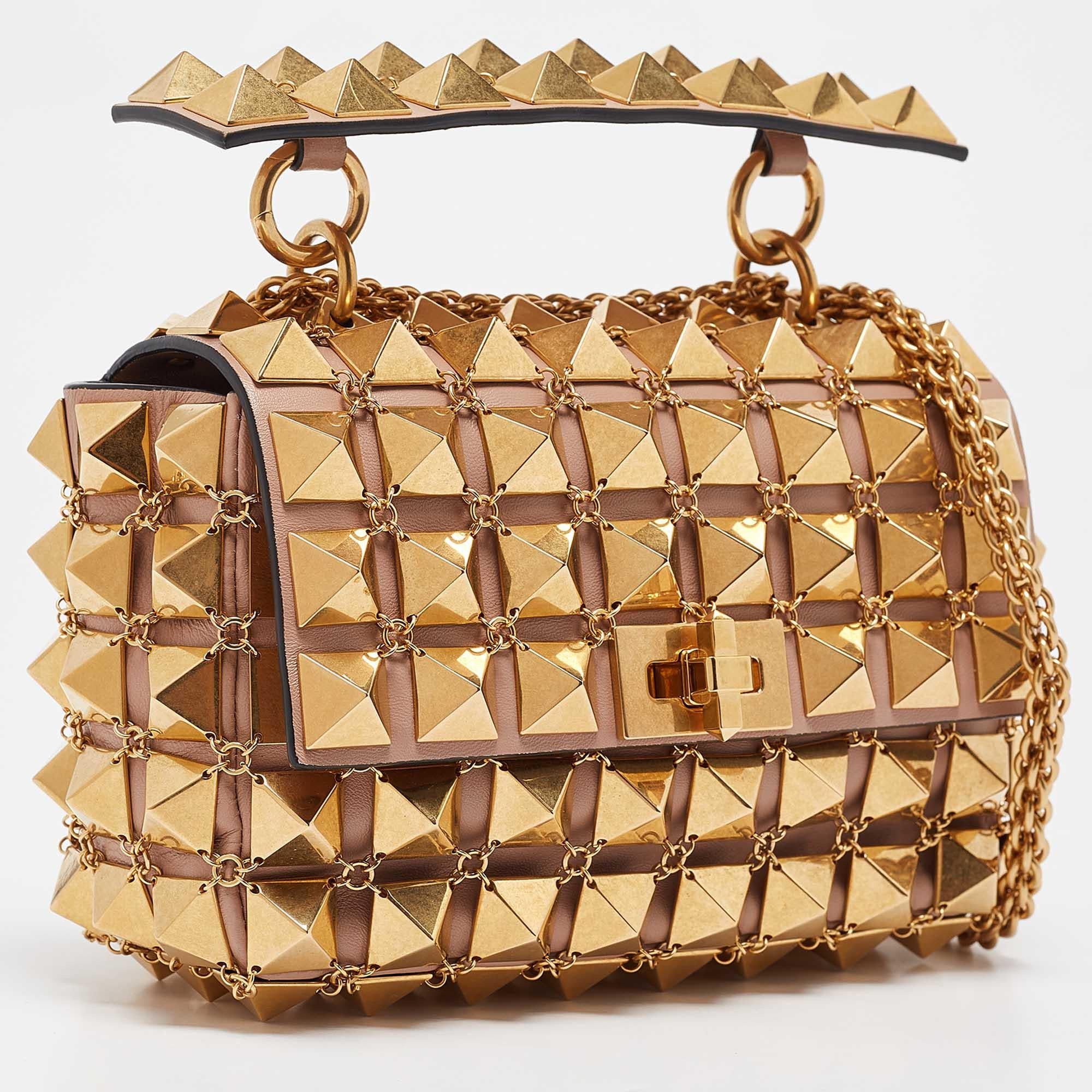 Brown Valentino Dusty Pink Leather Small Roman Stud Chain Mail Shoulder Bag For Sale
