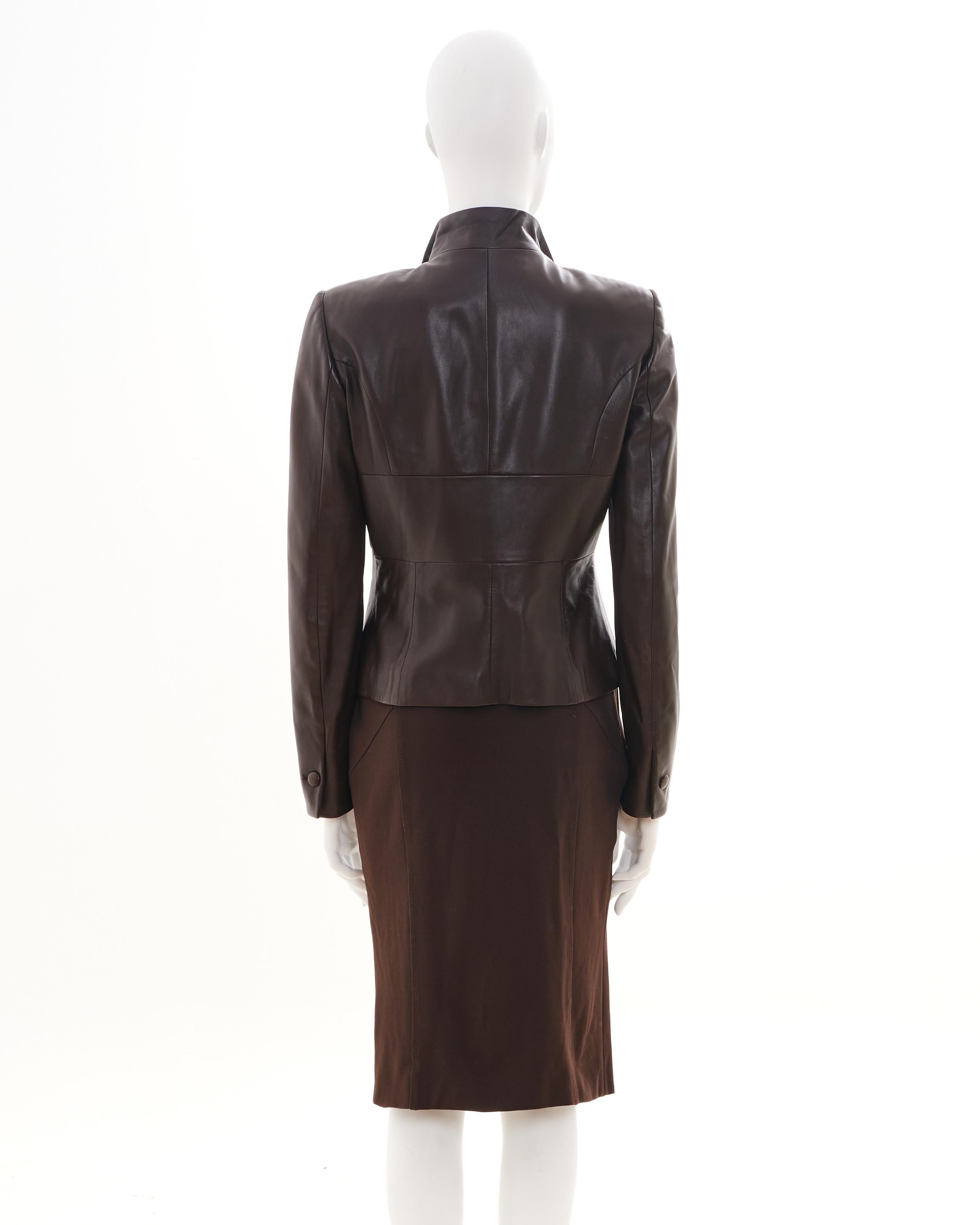 Black Valentino Early 00's Brown Leather Jacket and Tube Skirt Set For Sale