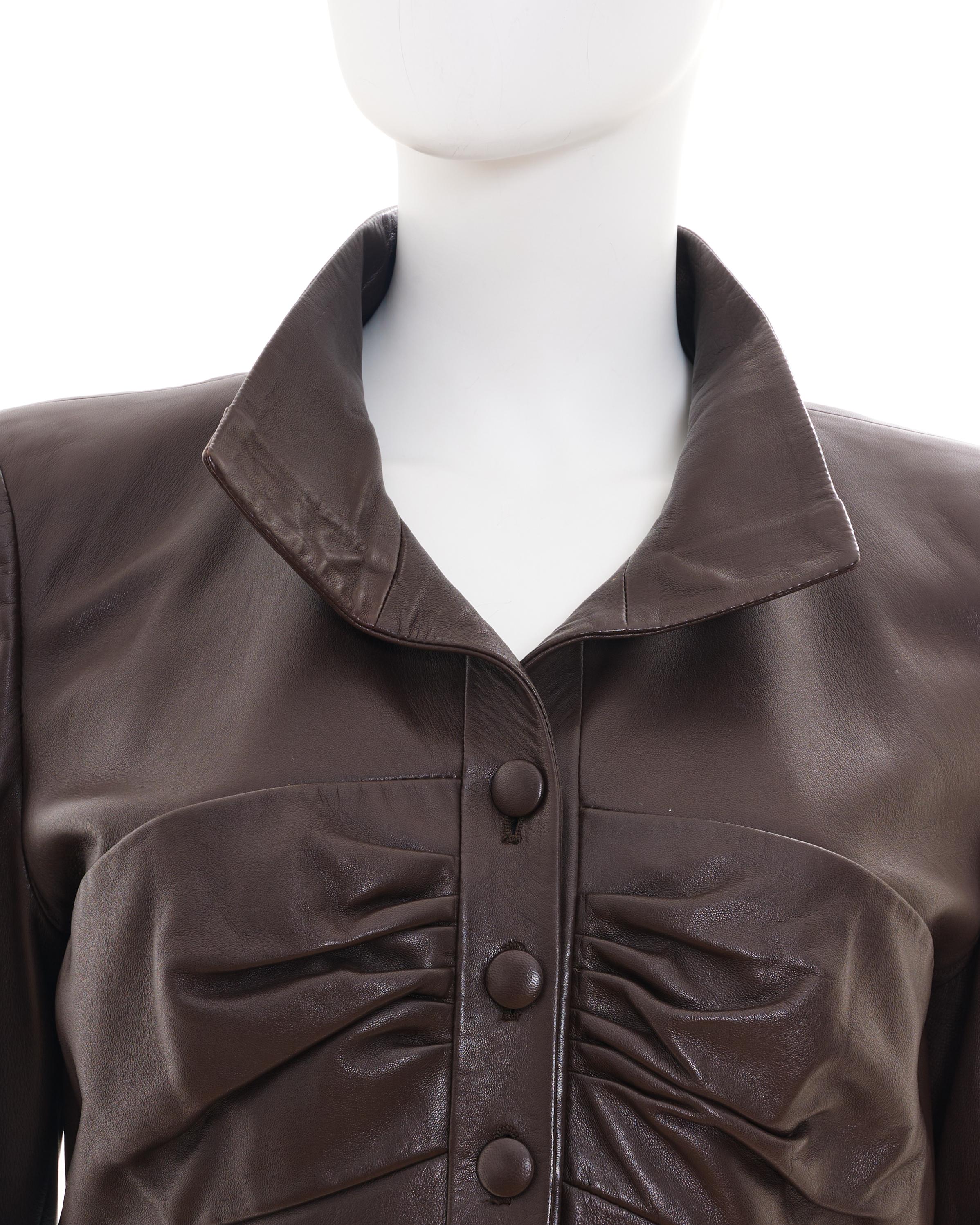 Women's Valentino Early 00's Brown Leather Jacket and Tube Skirt Set For Sale