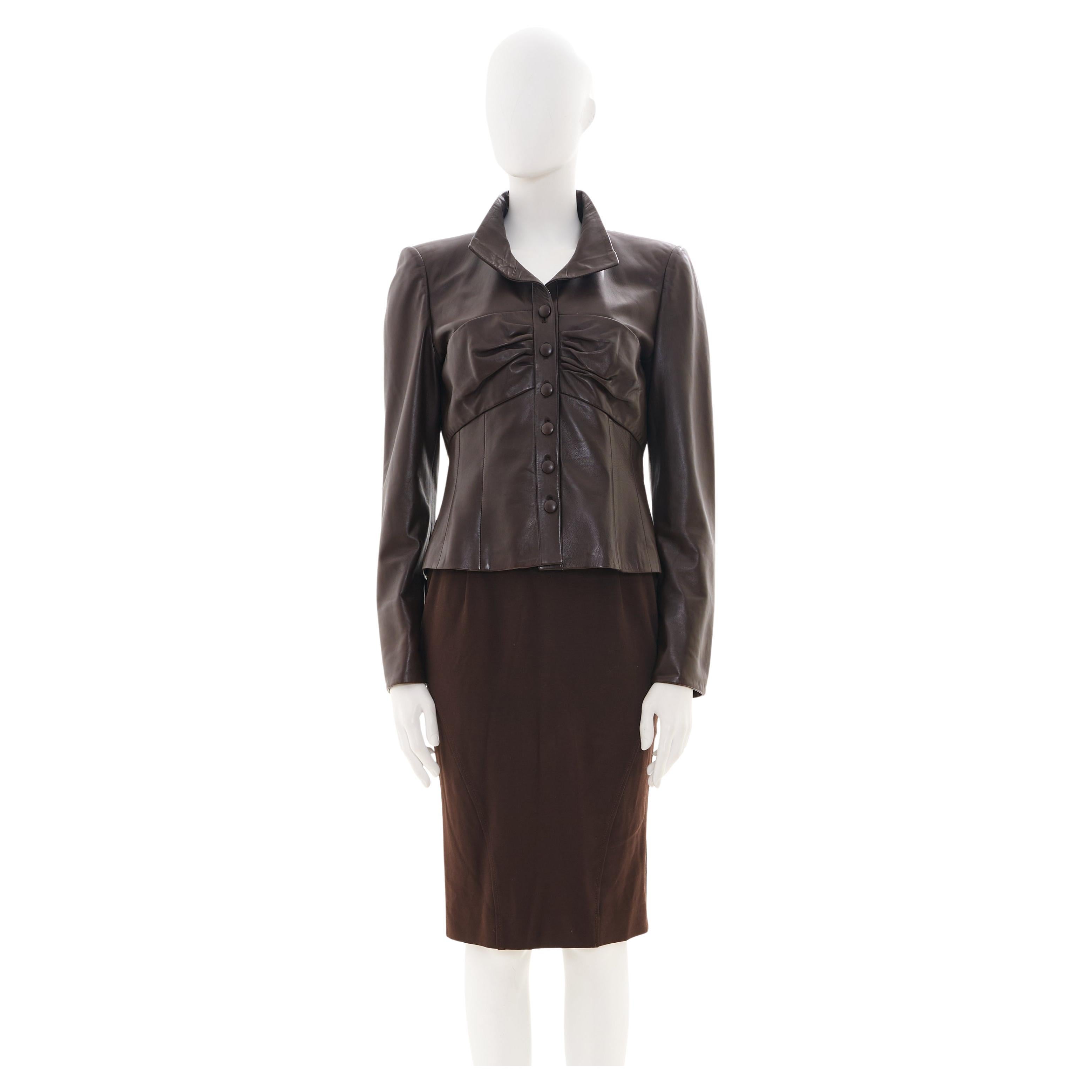 Valentino Early 00's Brown Leather Jacket and Tube Skirt Set For Sale