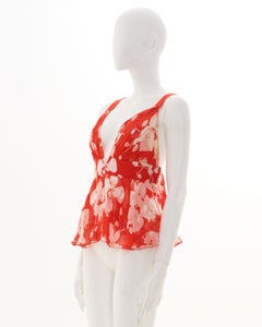 Valentino Early 00's Flowered Red Silk Top