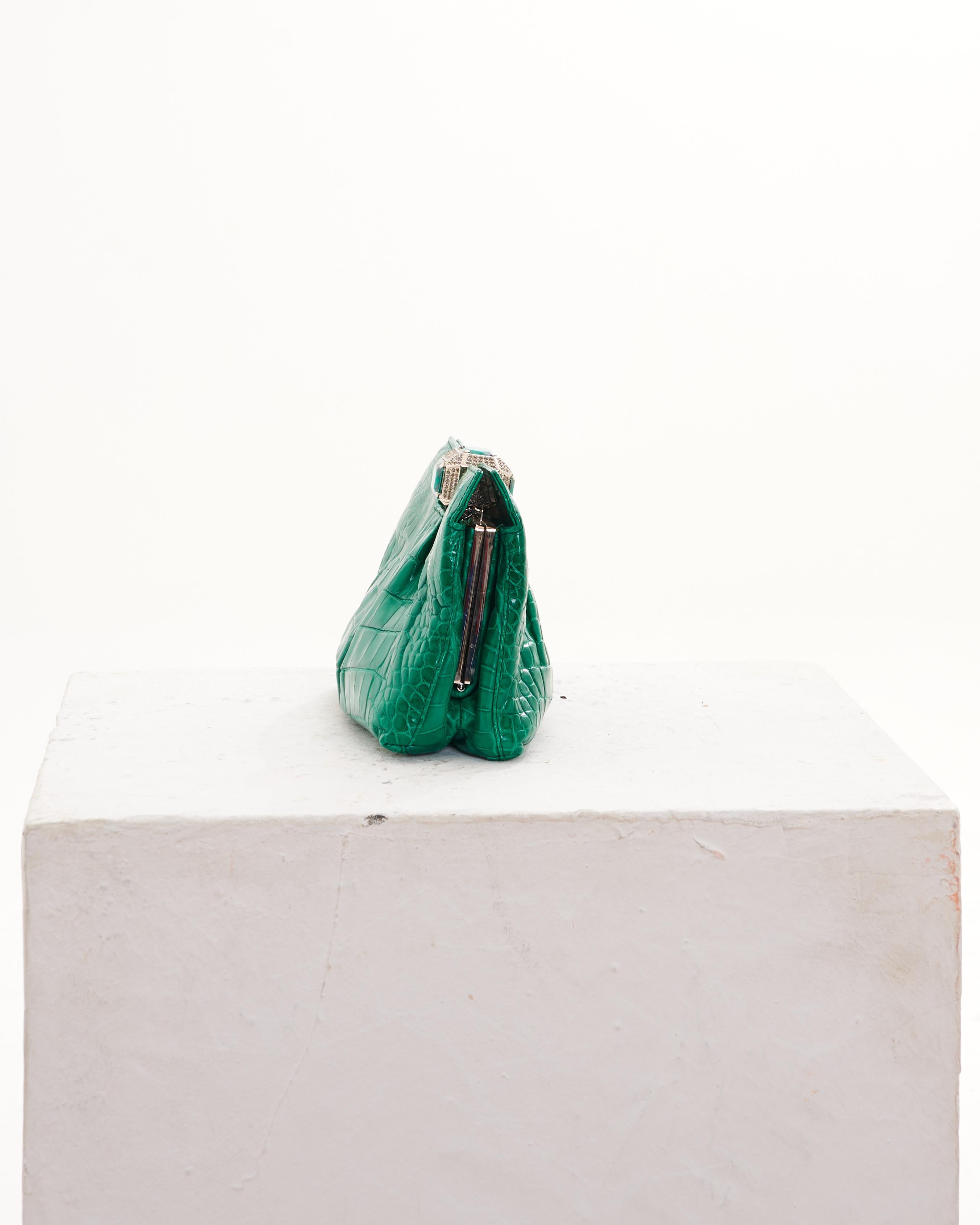 Blue Valentino Early 00's Green Glazed Crocodile Clutch Bag For Sale
