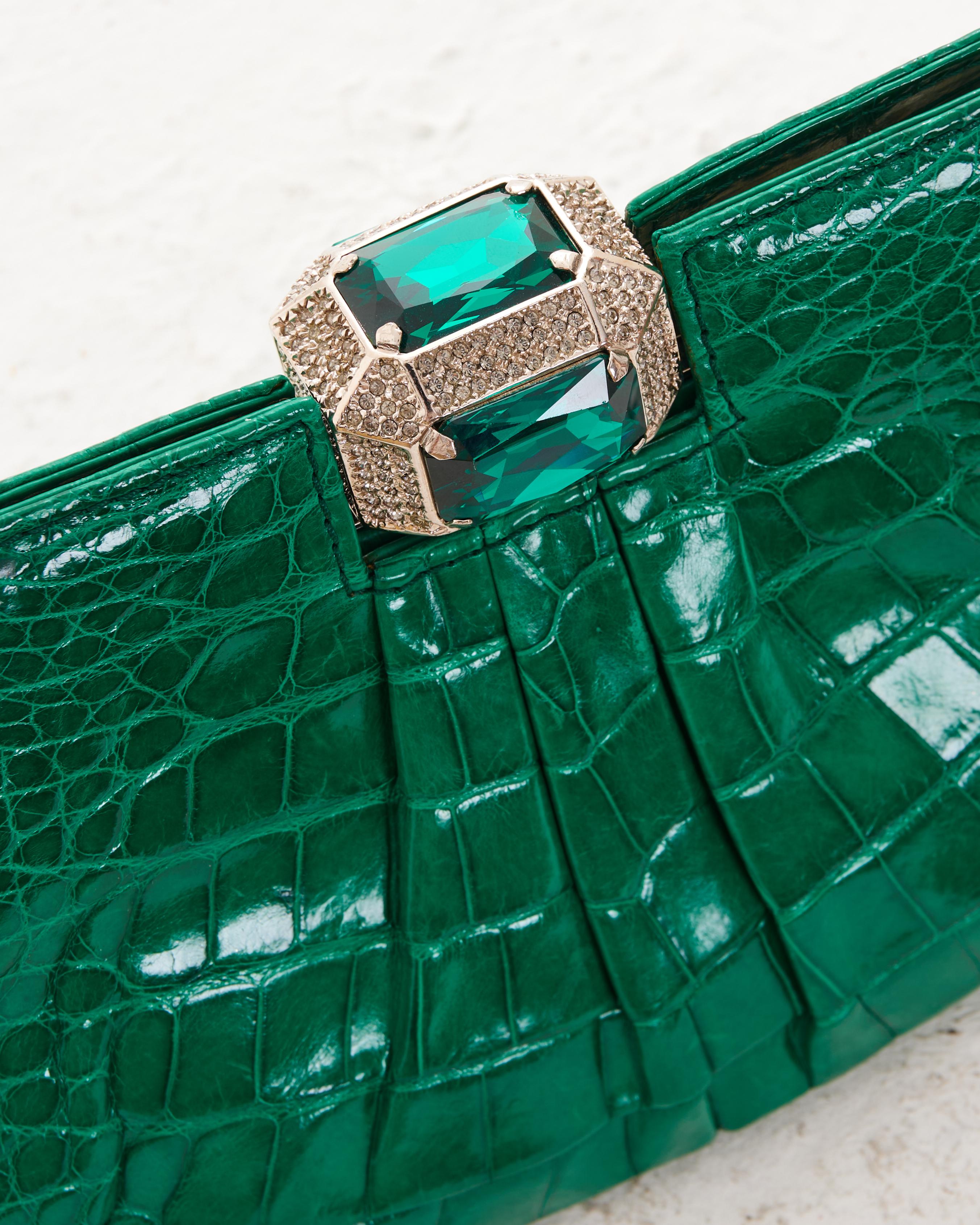 Valentino Early 00's Green Glazed Crocodile Clutch Bag For Sale 1
