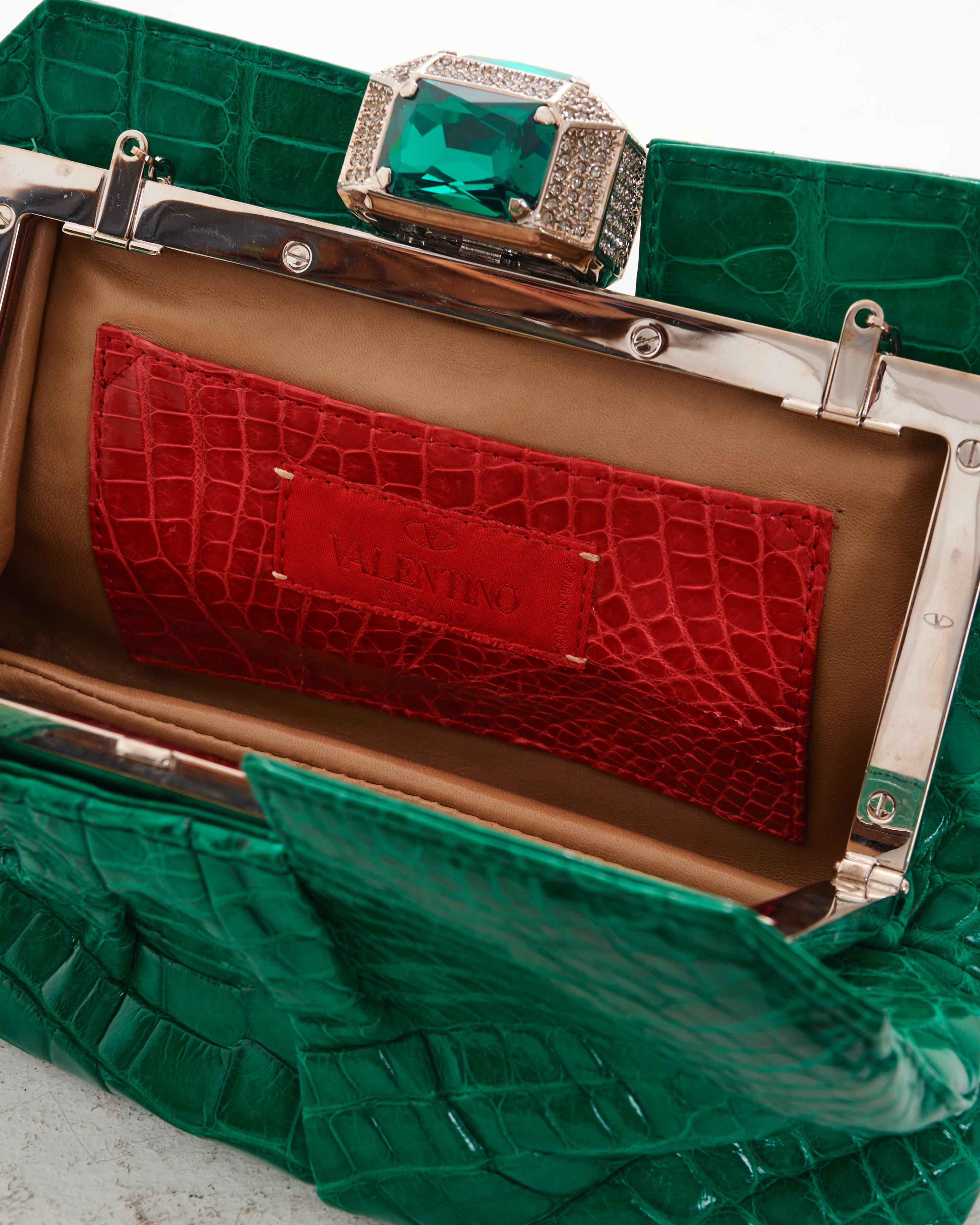 Valentino Early 00's Green Glazed Crocodile Clutch Bag For Sale 2