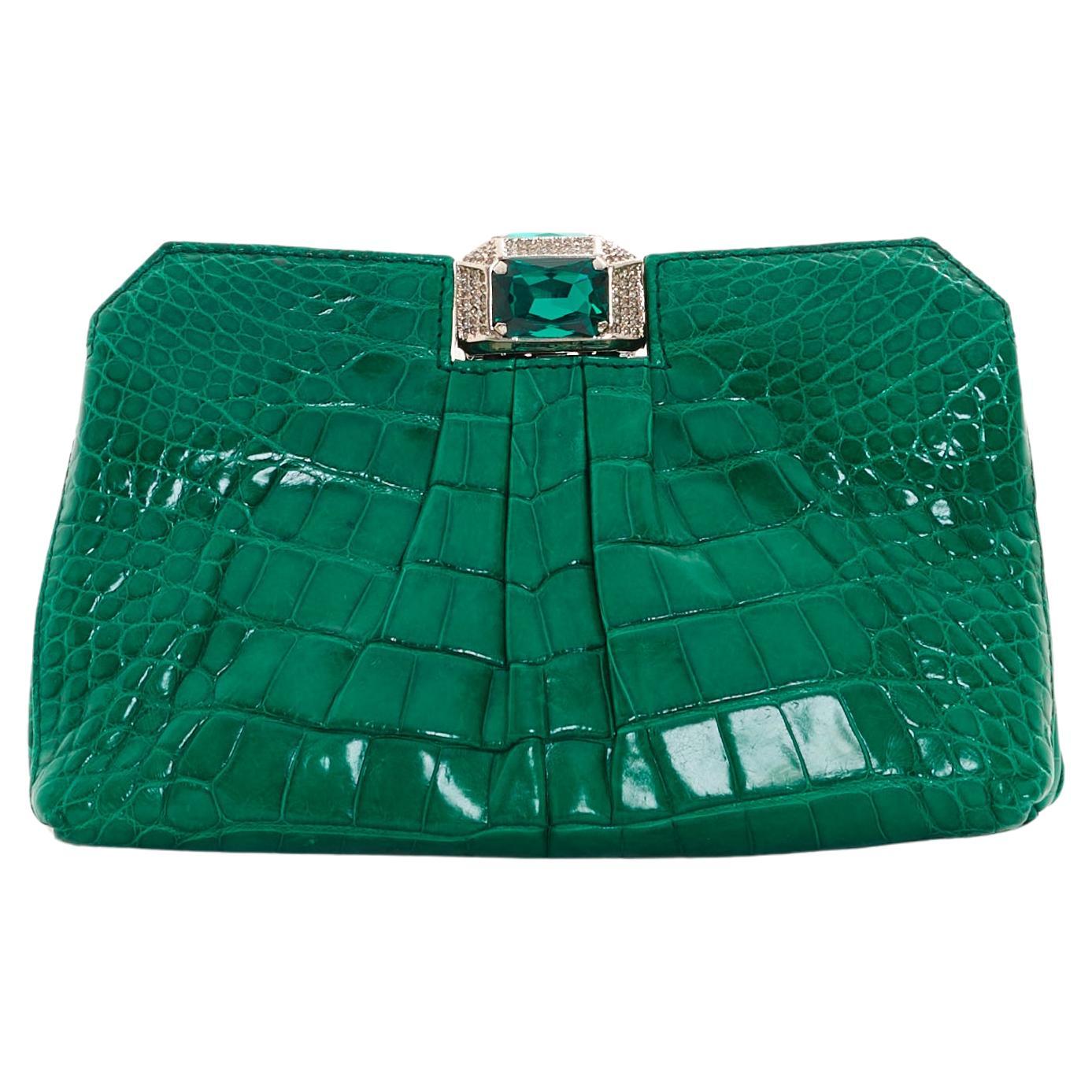 Valentino Early 00's Green Glazed Crocodile Clutch Bag
