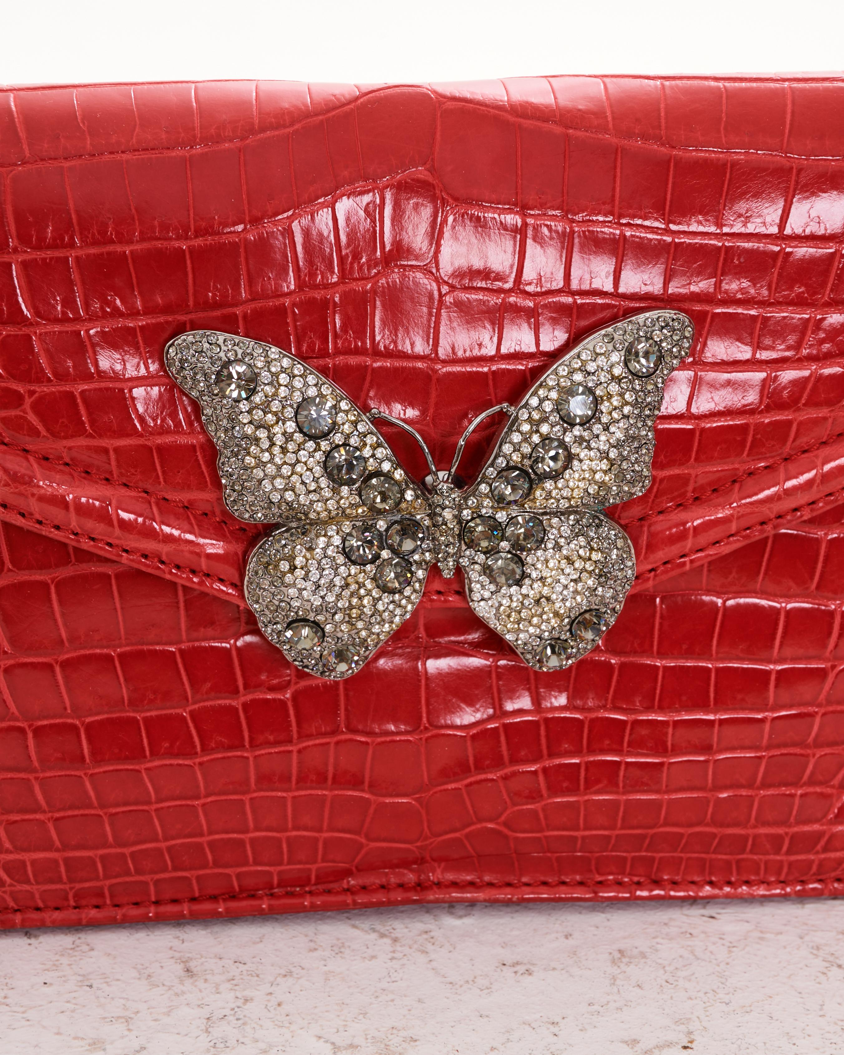 Valentino Early 00's Red Butterfly embellished croco bag For Sale 2