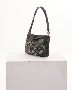 Valentino Early 2000 Gray Beaded and Embroidered Satin Flap Evening Shoulder Bag