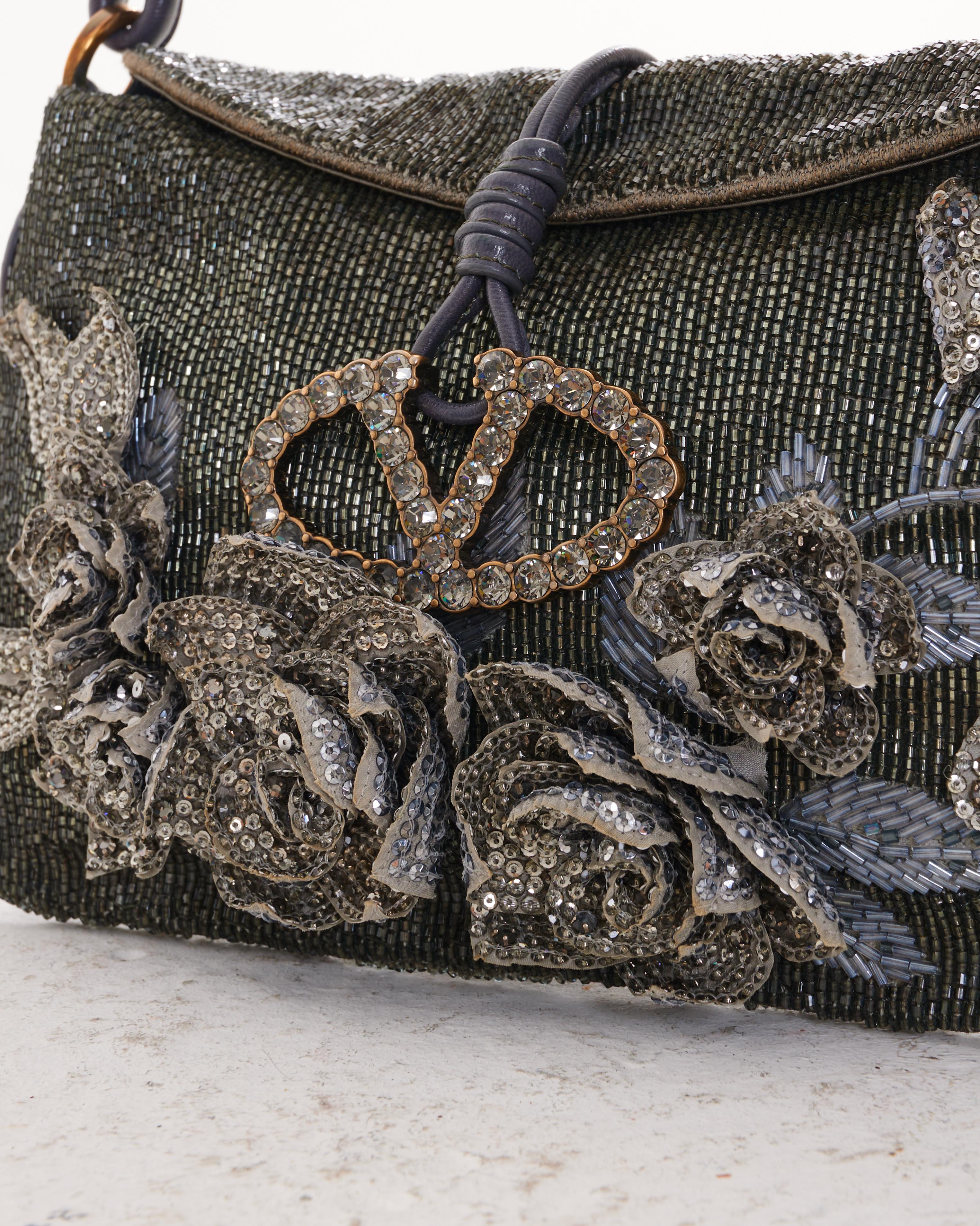 Black Valentino Early 2000 Gray Beaded and Embroidered Satin Flap Evening Shoulder Bag For Sale