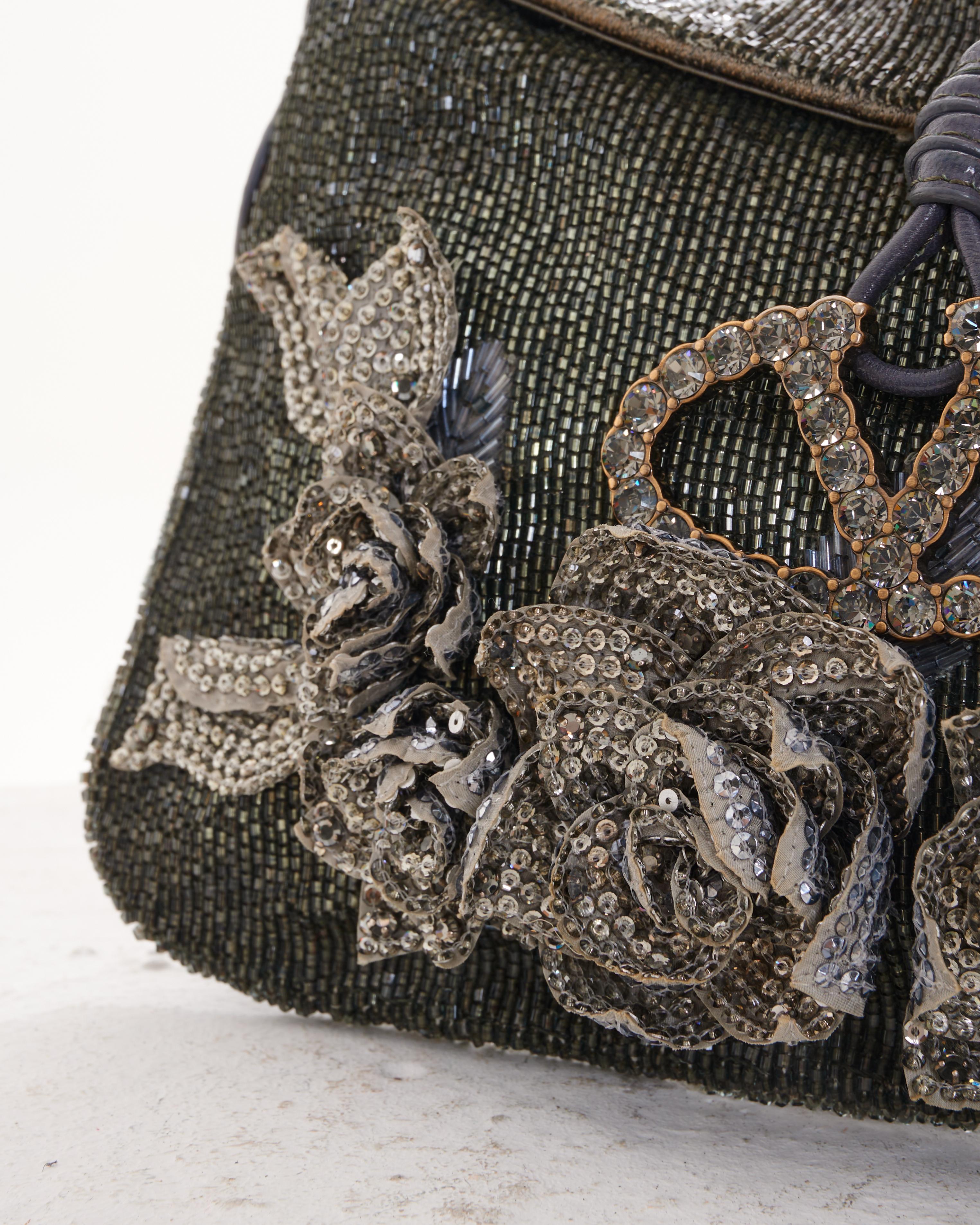 Women's Valentino Early 2000 Gray Beaded and Embroidered Satin Flap Evening Shoulder Bag For Sale