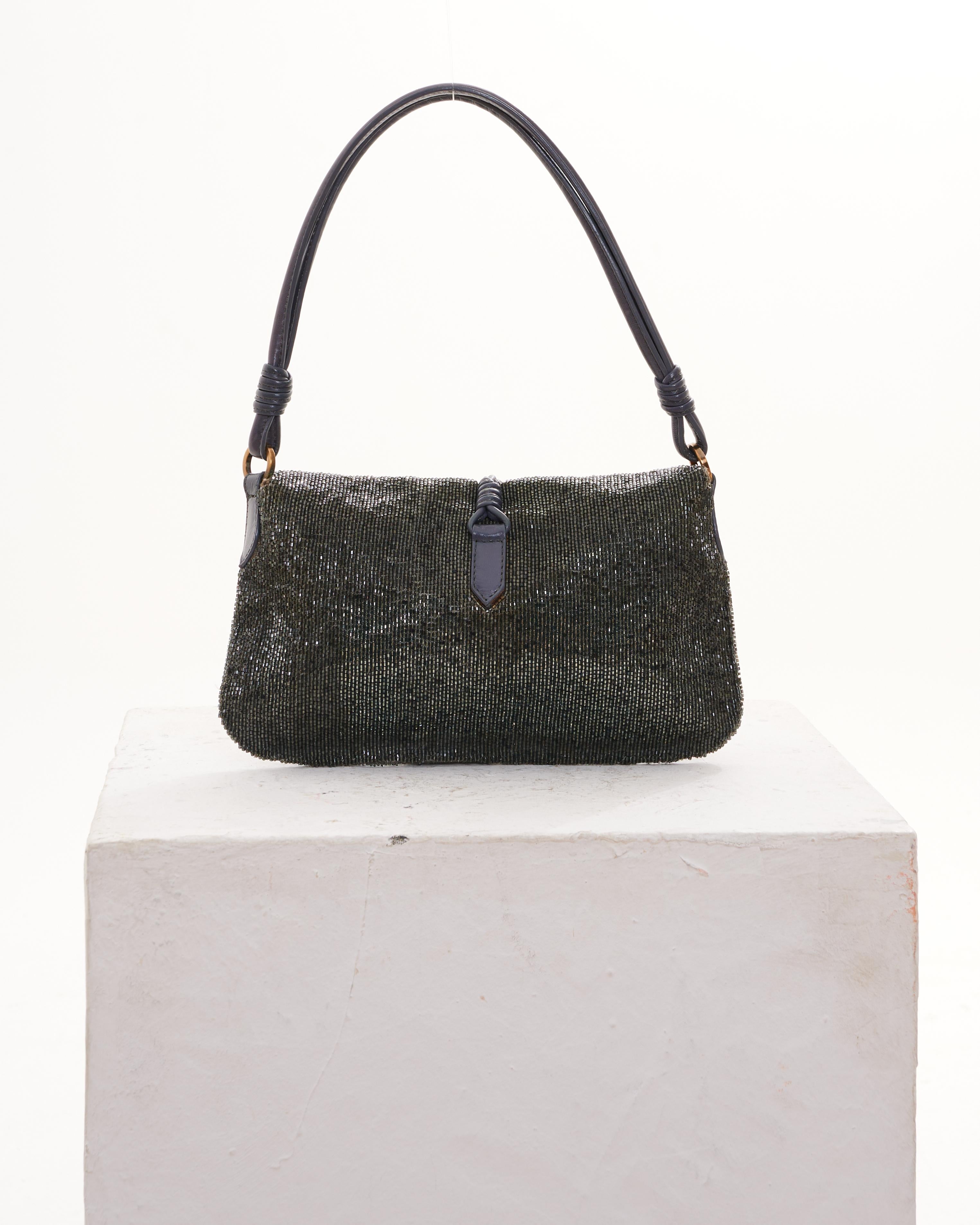 Valentino Early 2000 Gray Beaded and Embroidered Satin Flap Evening Shoulder Bag For Sale 1