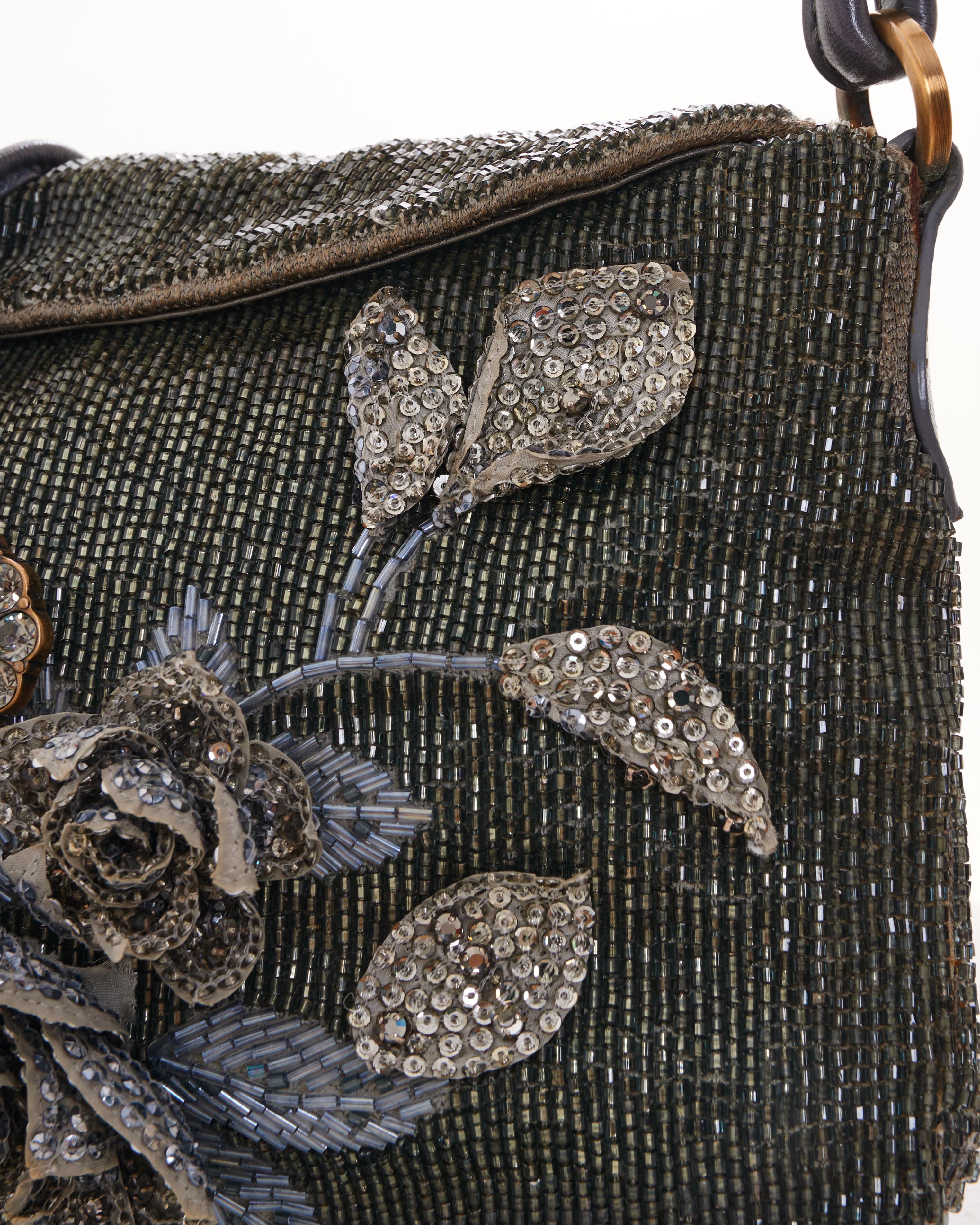 Valentino Early 2000 Gray Beaded and Embroidered Satin Flap Evening Shoulder Bag For Sale 4