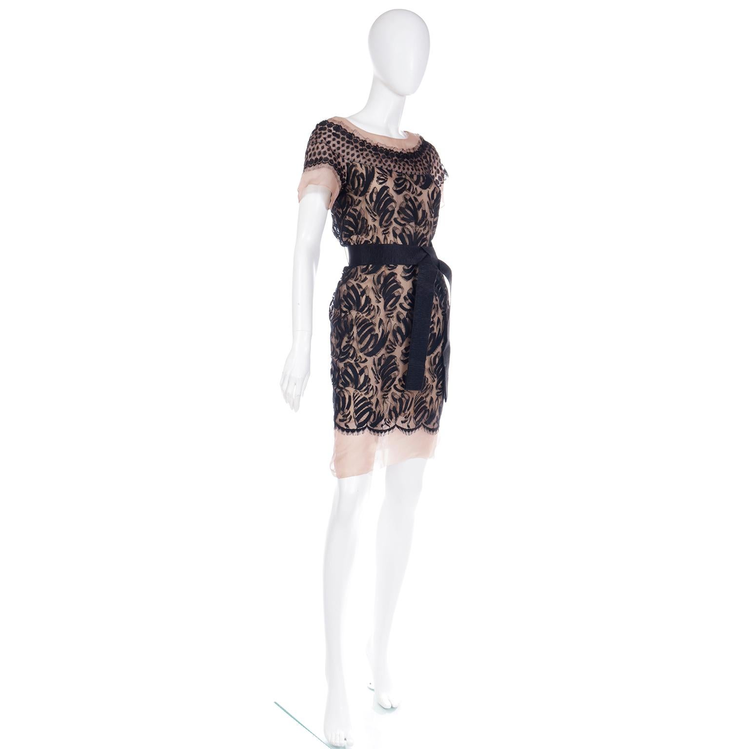 Valentino Early 2000s Black Lace Mesh Over Blush Nude Silk Evening Dress In Excellent Condition For Sale In Portland, OR
