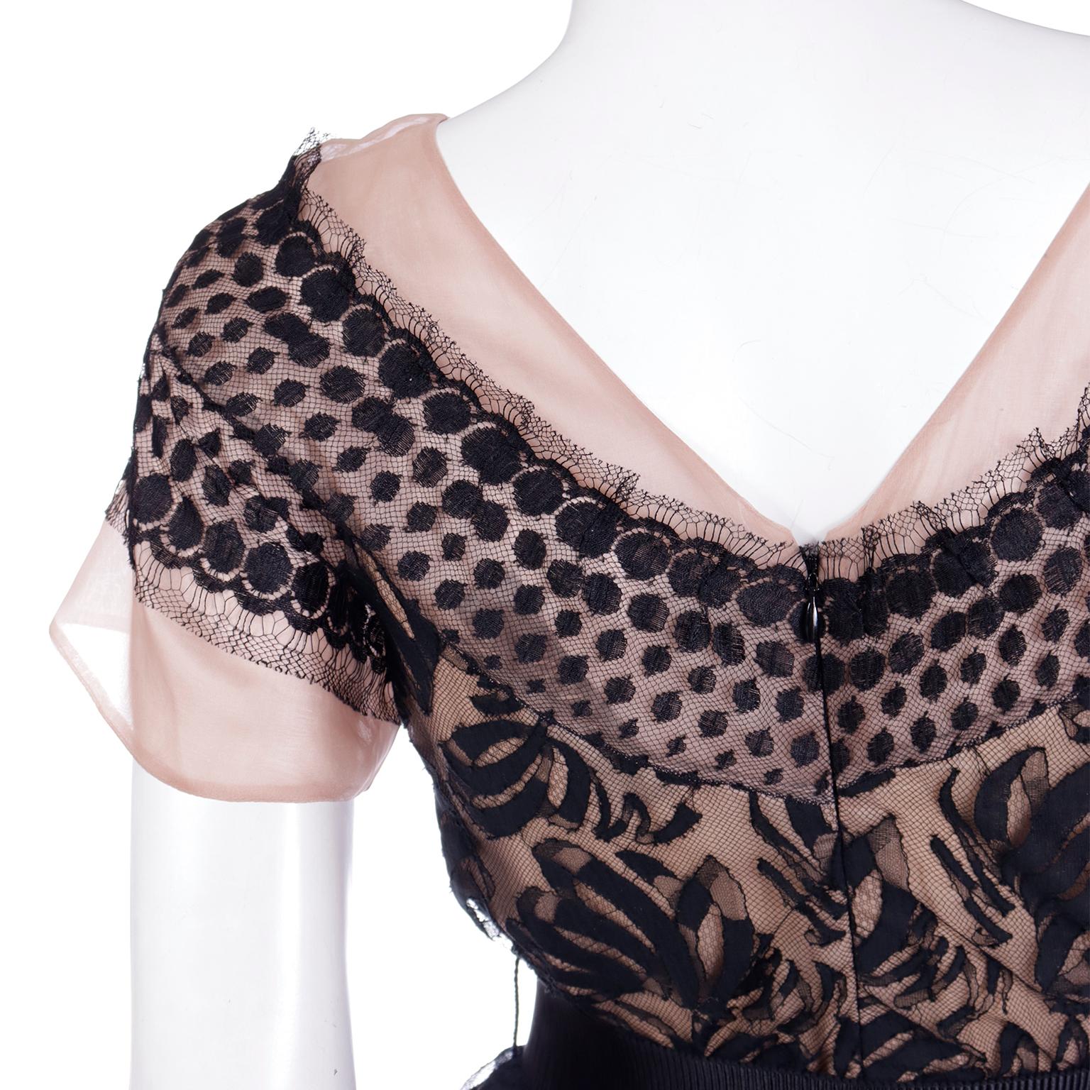 Valentino Early 2000s Black Lace Mesh Over Blush Nude Silk Evening Dress For Sale 3