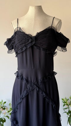 Valentino early 2000s black silk ruffle mini dress