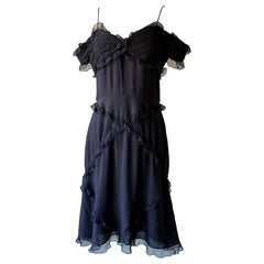 Valentino early 2000s black silk ruffle mini dress
