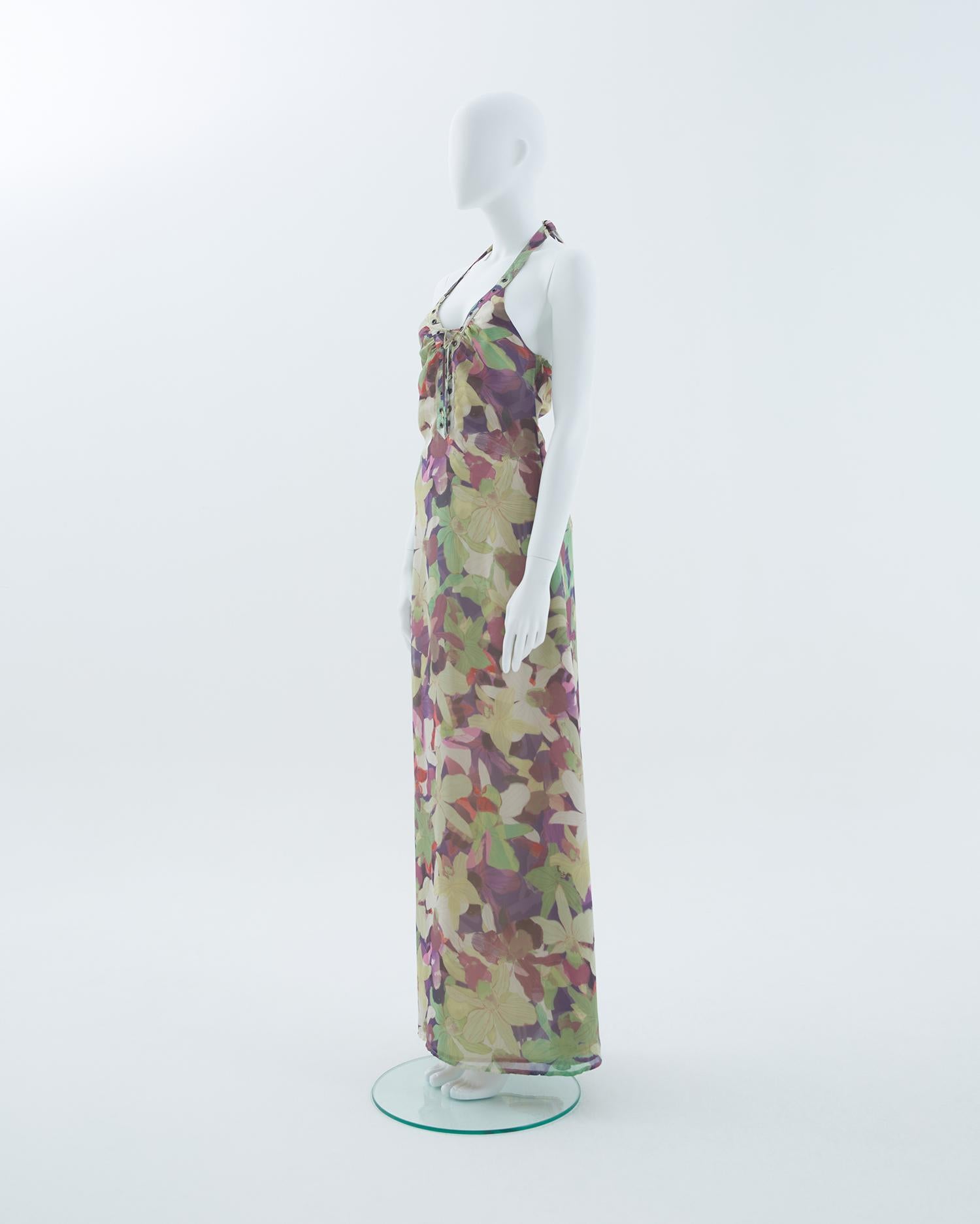 - Designed by Valentino Garavani
- Sold by Skof.Archive
- Green, yellow, purple and red print silk flower motif 
- Halter evening dress
- Open back 
- Fitted to the body
- Open in front with lace-up fastenings 
- Hidden side zipper closure with hook
