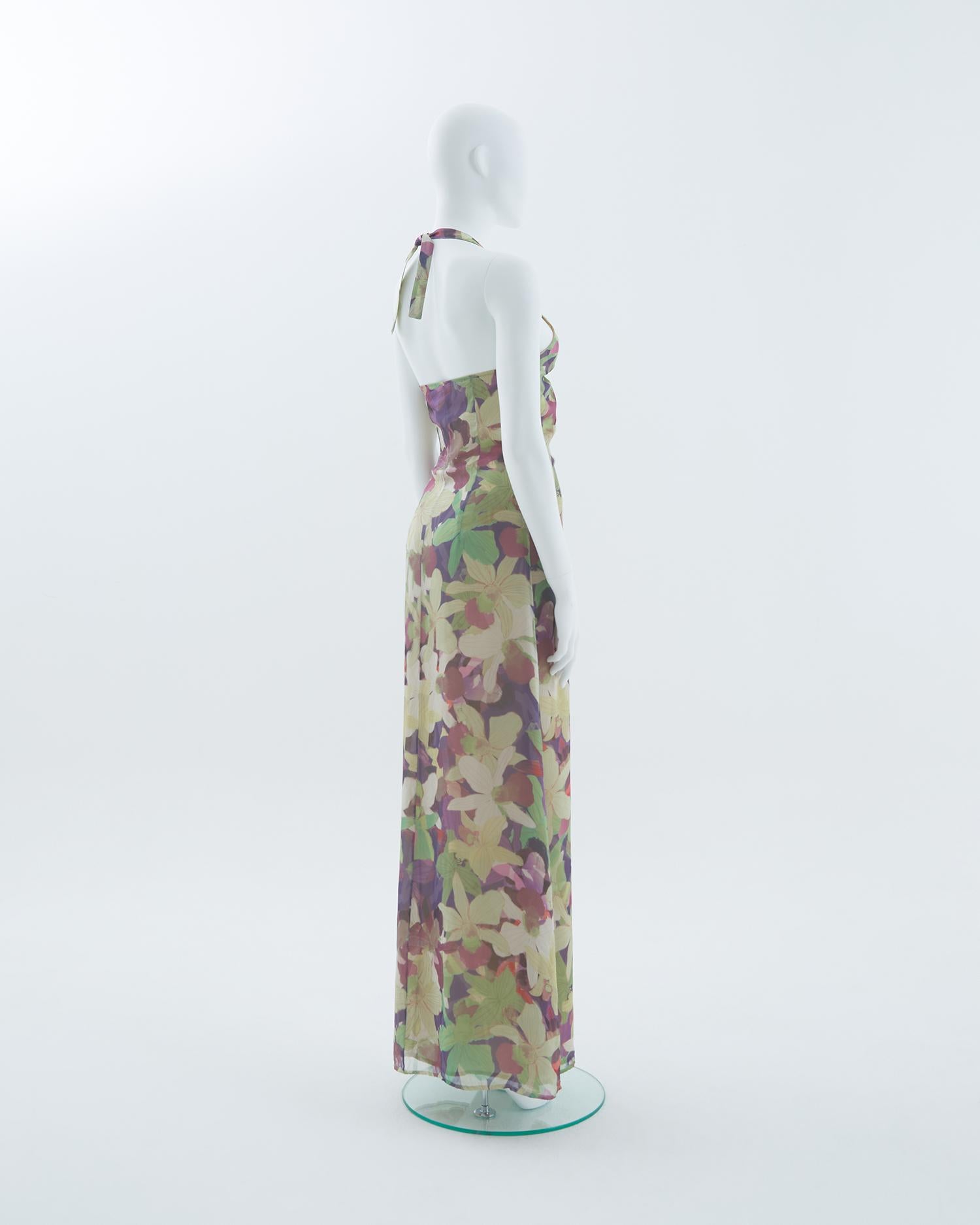 Valentino Early 2000s Floral pattern silk chiffon halter evening dress In Excellent Condition For Sale In Milano, IT