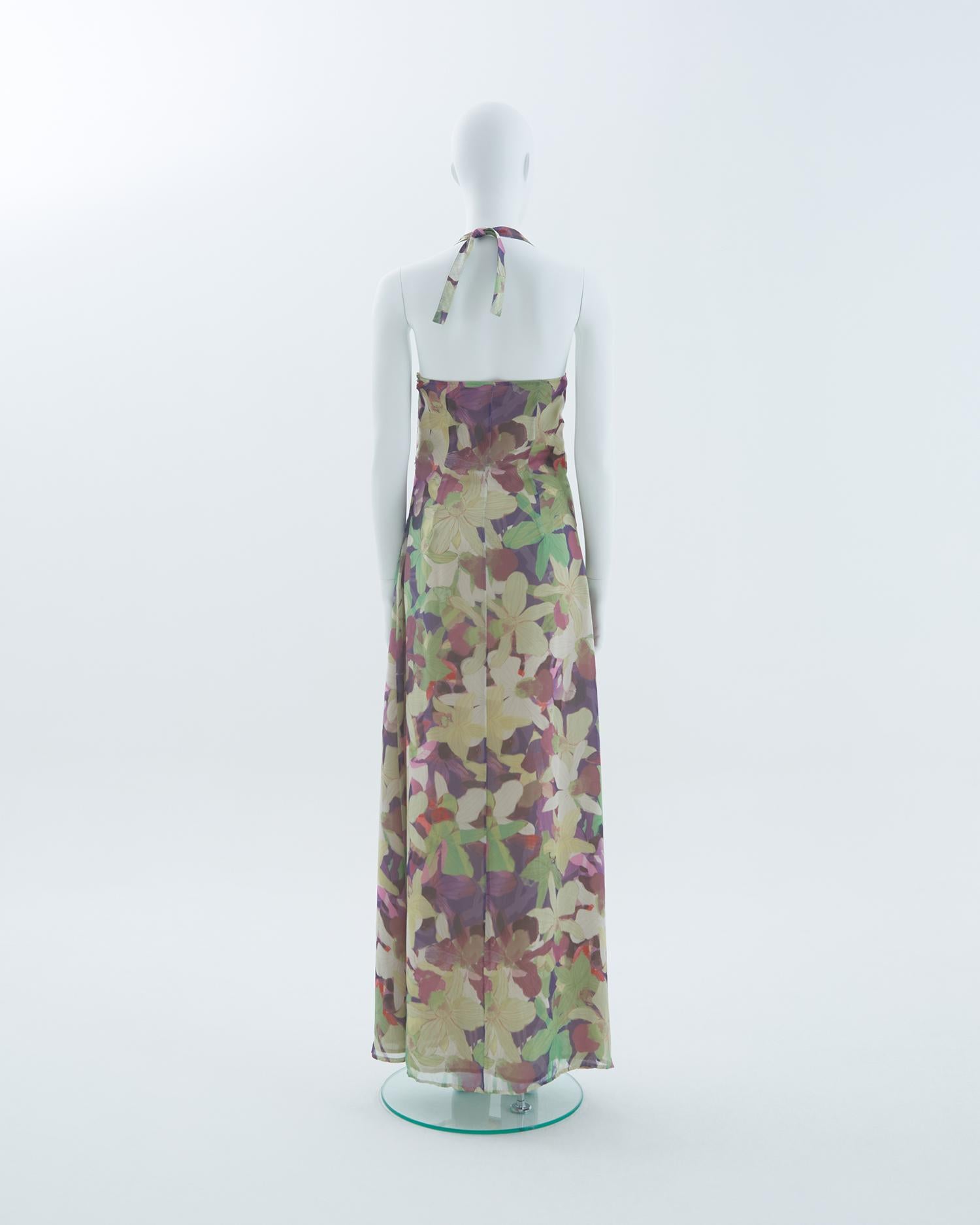 Valentino - Robe de soirée dos nu en mousseline de soie à motifs floraux, début des années 2000 Pour femmes en vente