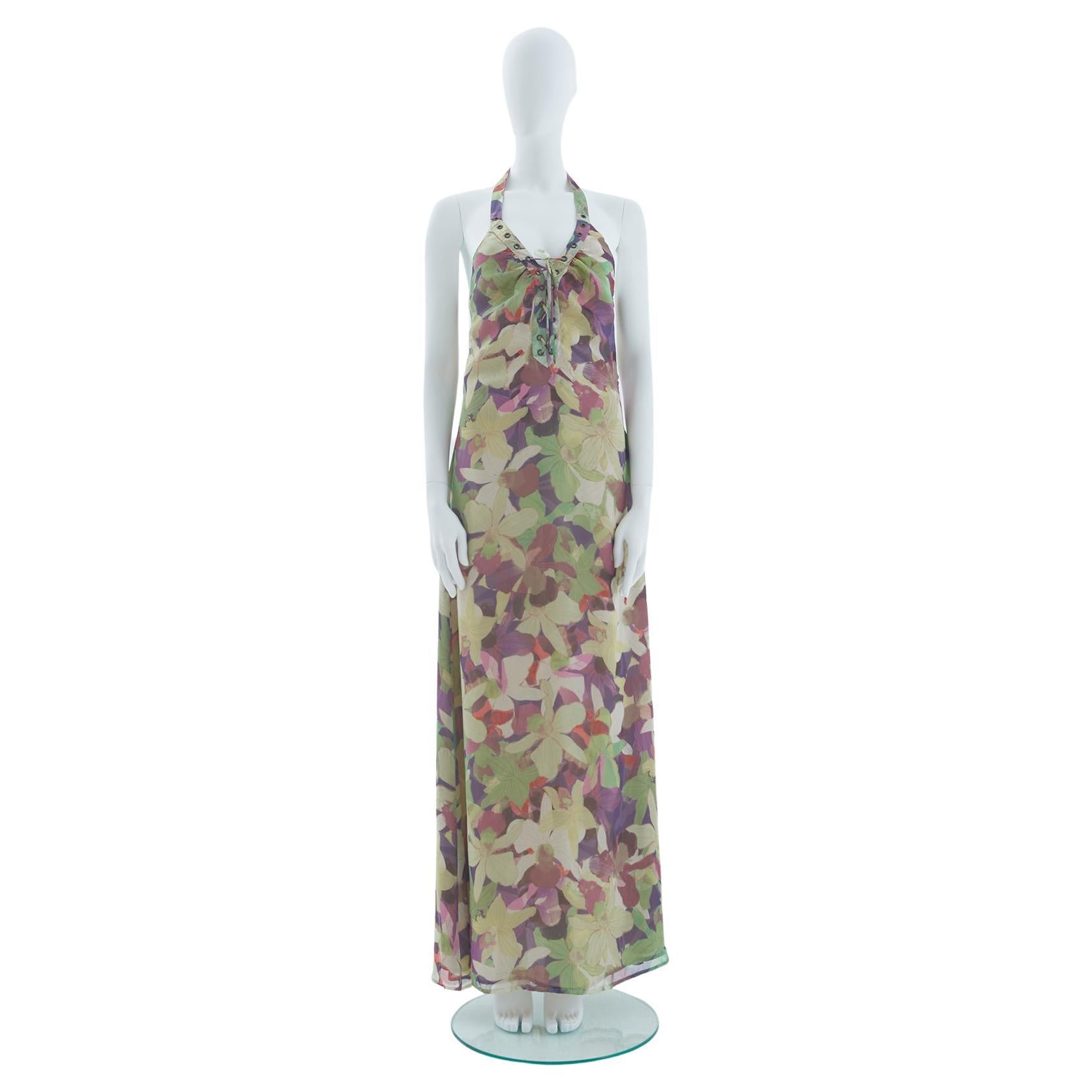 Valentino Early 2000s Floral pattern silk chiffon halter evening dress For Sale