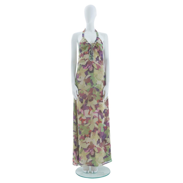 Valentino Early 2000s Floral pattern silk chiffon halter evening