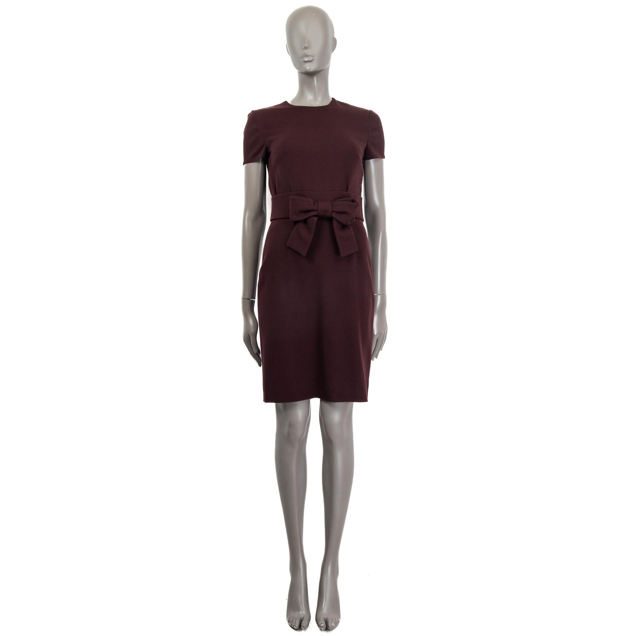 100% authentic Valentino short sleeve knee-length dress in eggplant fleece wool (98%) and elastane (2%). Features a mesh on the front. Opens with a button on the back and a concealed zipper at the side. Lined in eggplant polyester (100%). Has been