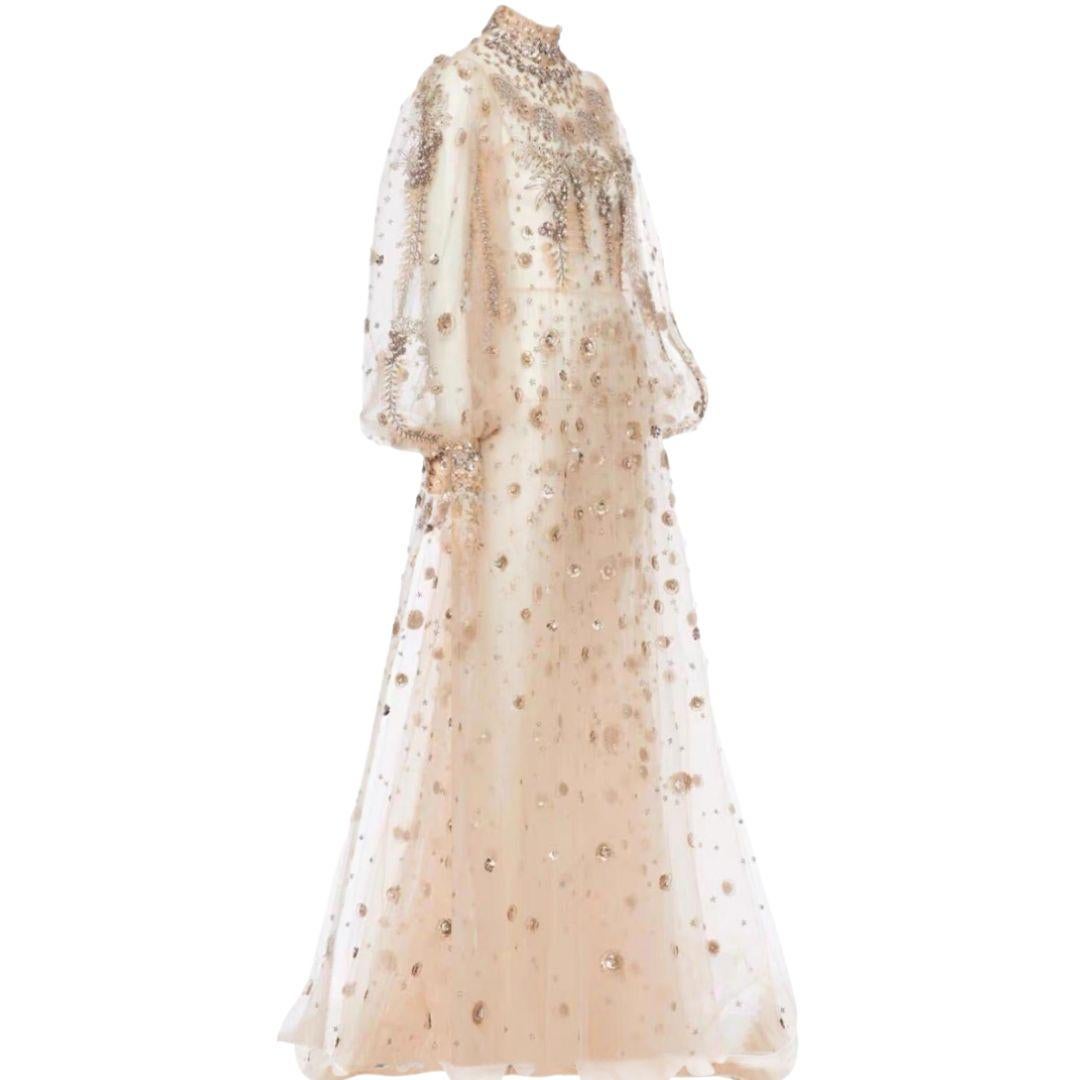 Beige Valentino - Robe de soirée transparente avec ornements Taille 46IT en vente