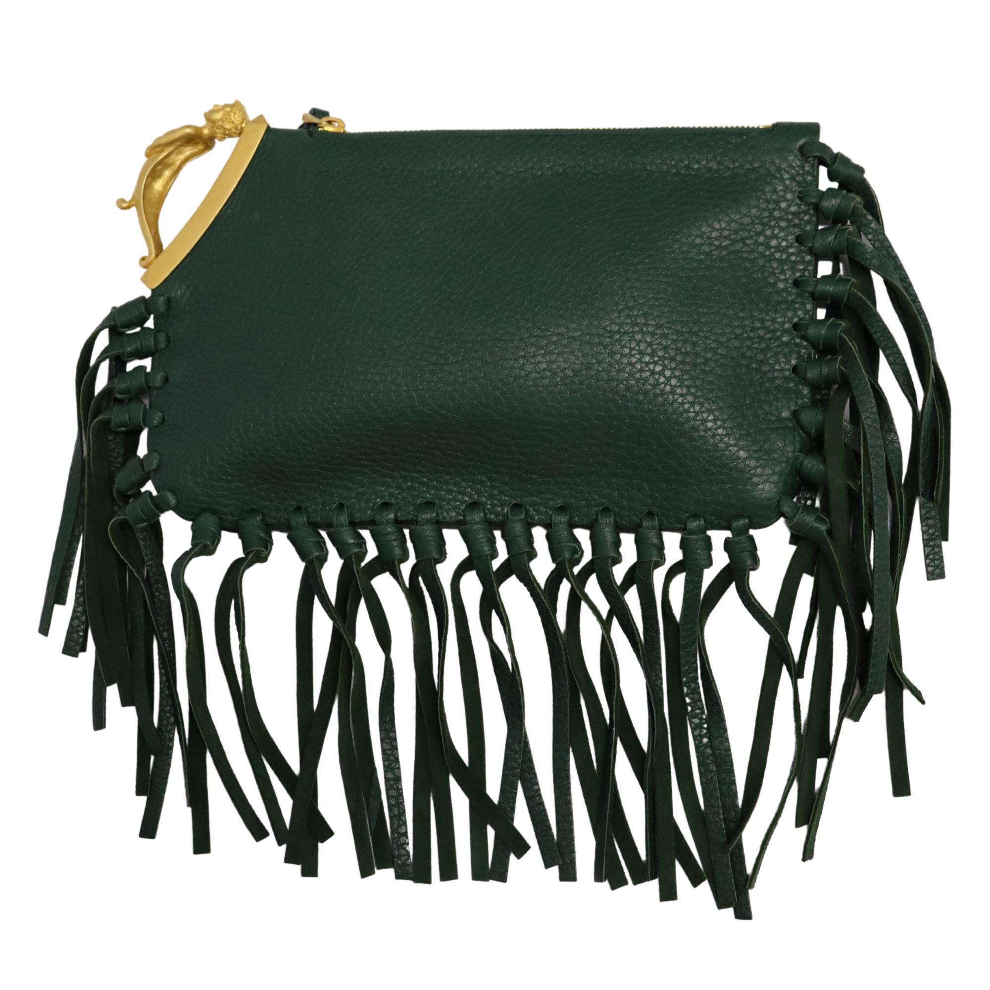 Valentino emerald green C-Rockee fringe clutch, with one slide pocket on the inside, and mermaid gold detail. In excellent condition. Gold scarab at corner for the perfect finger handle. Opens to green suede interior.

Measurements: (Approx)
Height:
