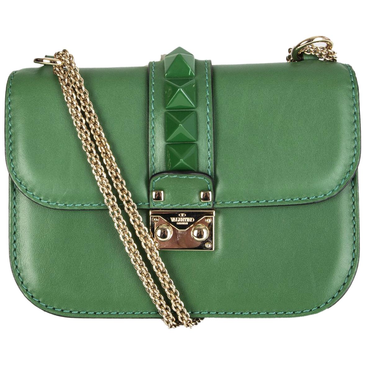 VALENTINO emerald green leather ROCKSTUD GLAM LOCK SMALL Shoulder Bag