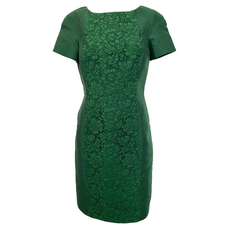 Valentino Emerald Green Silk and Lace Cap Sleeve Sheath Dress Sz