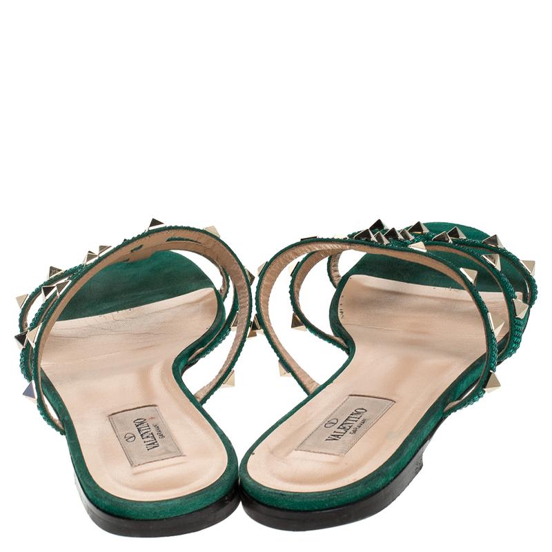 Black Valentino Emerald/Smeraldo Suede Rockstud Flat Slides Size 39