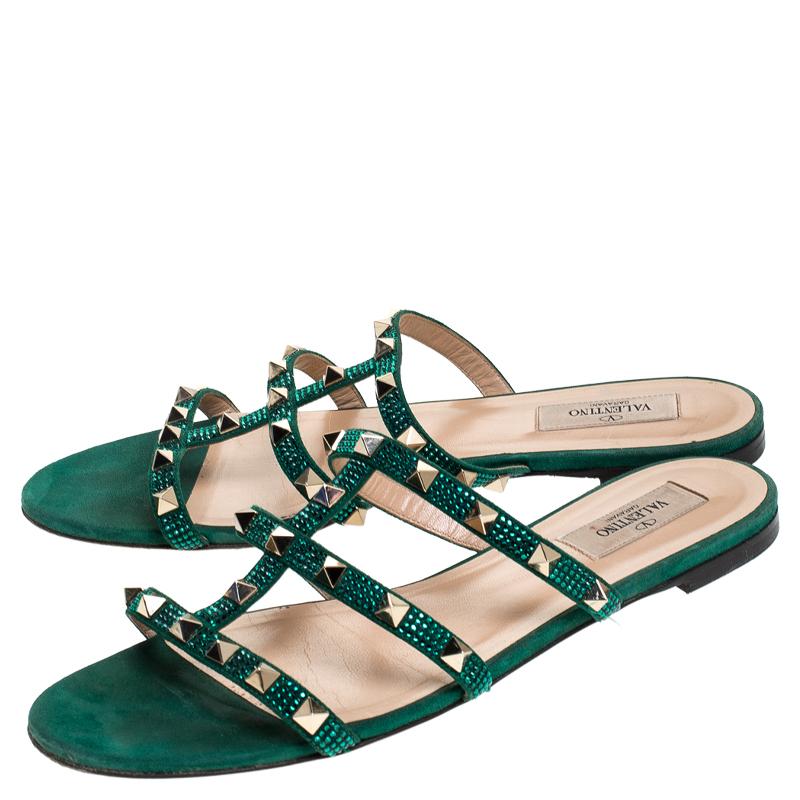Women's Valentino Emerald/Smeraldo Suede Rockstud Flat Slides Size 39