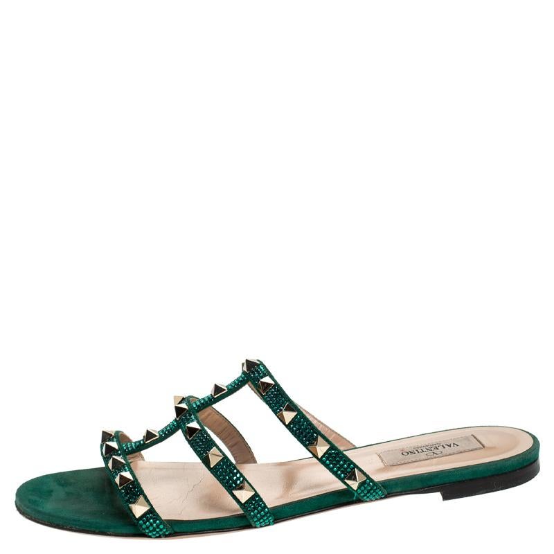 Valentino Emerald/Smeraldo Suede Rockstud Flat Slides Size 39 1