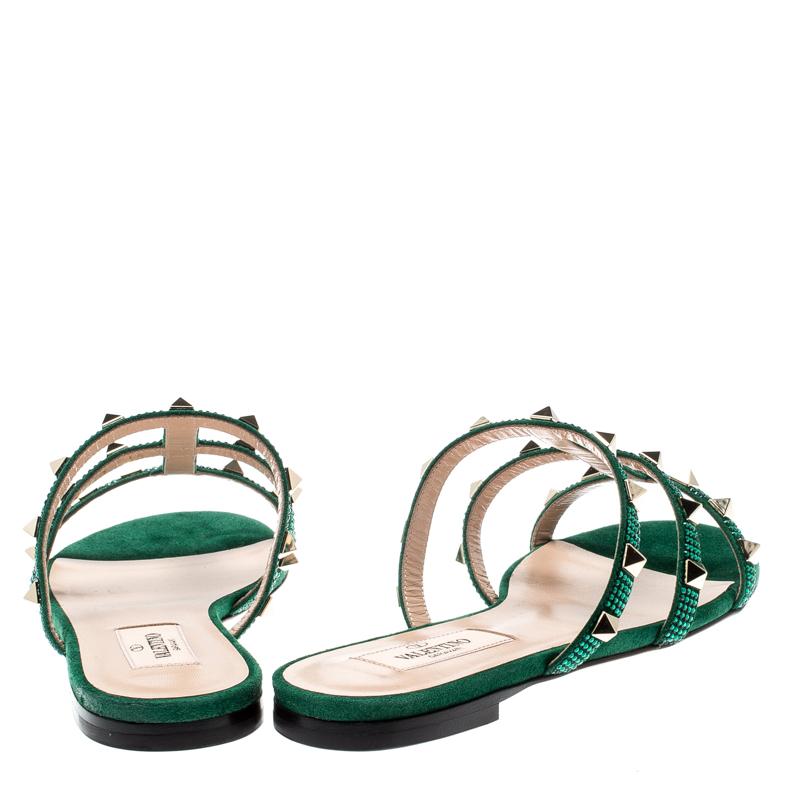 Beige Valentino Emerald/Smeraldo Suede Rockstud Flat Slides Size 40