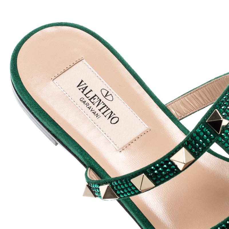 Valentino Emerald/Smeraldo Suede Rockstud Flat Slides Size 40 In New Condition In Dubai, Al Qouz 2