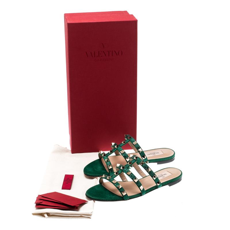 Women's Valentino Emerald/Smeraldo Suede Rockstud Flat Slides Size 40