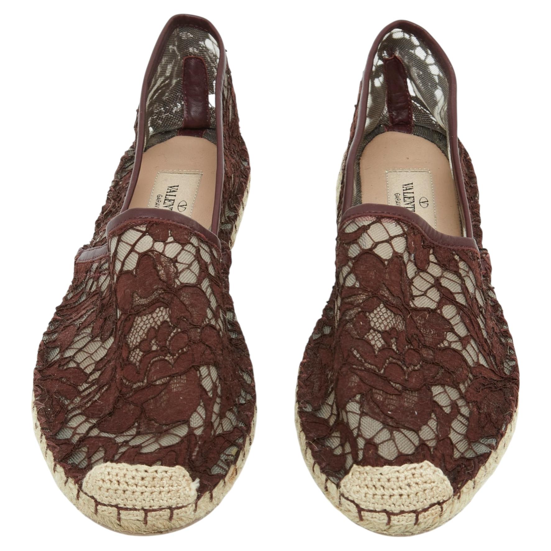 Pre-owned Valentino Garavani Valentino Espadrilles Bordeaux Eu38 Burgundy Lace Espadrille Flat Shoe Uk5 Us7.5 In Red