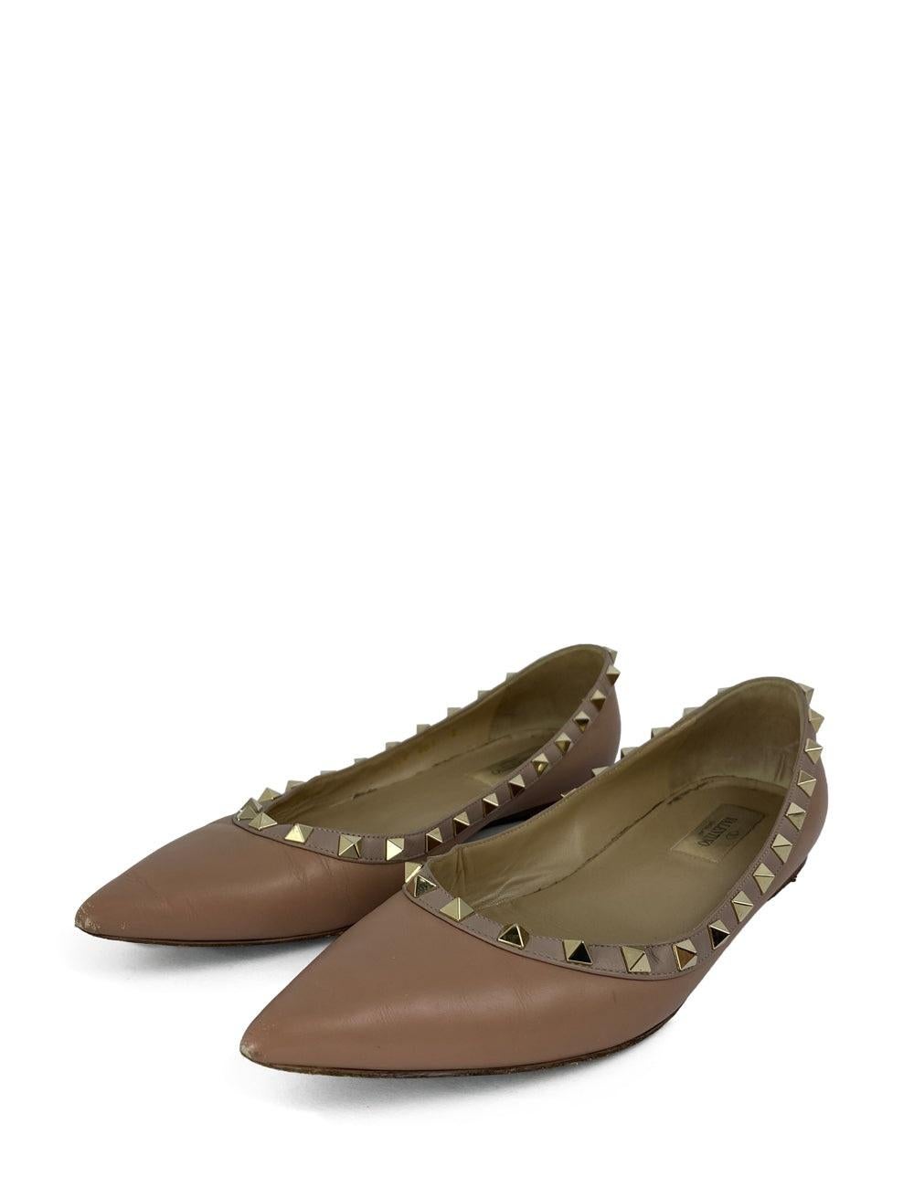 Valentino EU 39 Dusty Pink Leather Pointed-Toe Gold-Studded Ballet Flats In Good Condition In Amman, JO